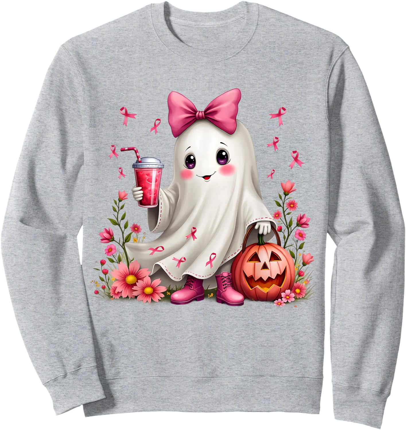 In October We Wear Pink Ghost Breast Cancer Awareness Sweatshirt - Sweatshirt | Ash