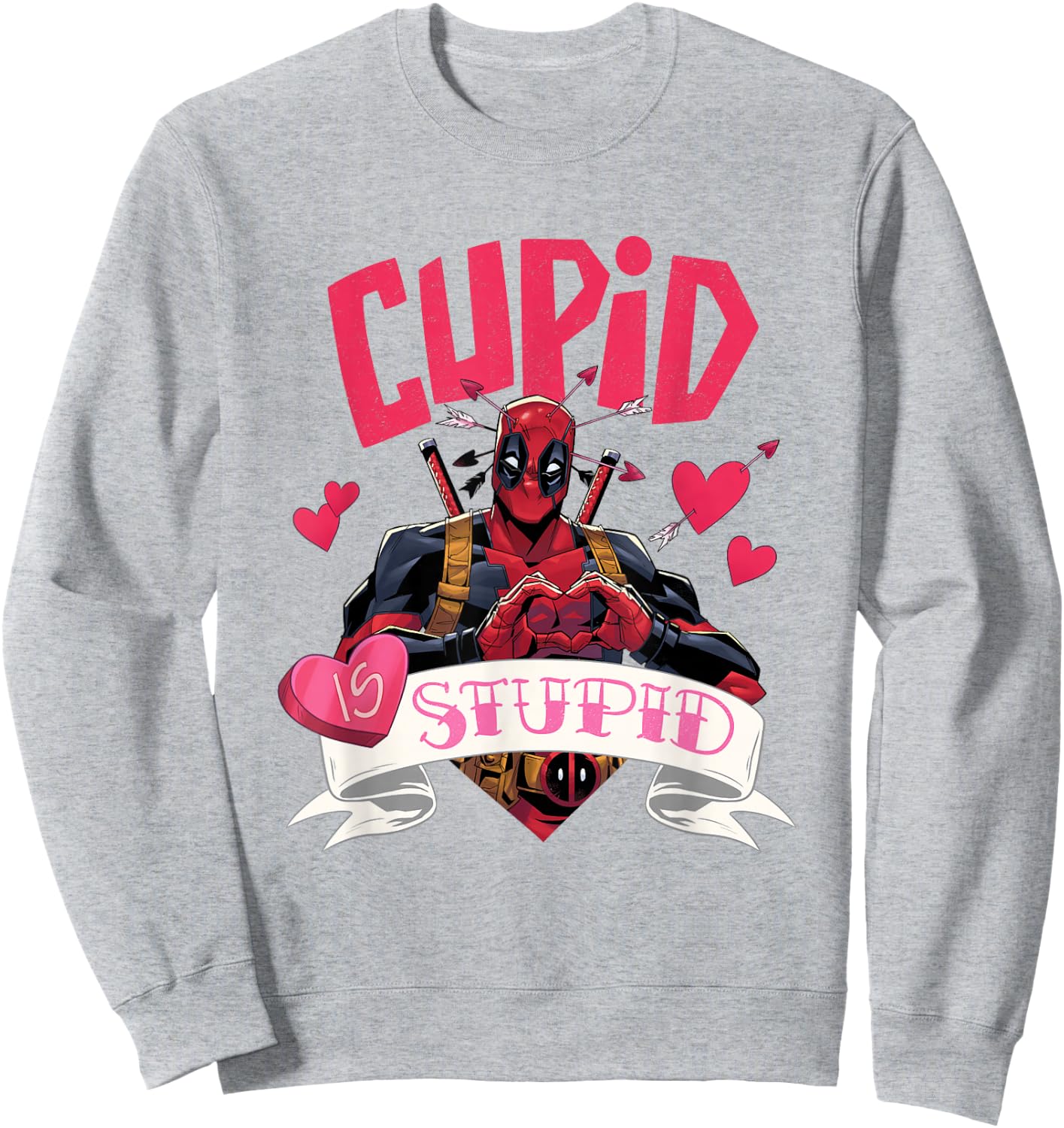 Marvel Deadpool Valentine's Day Cupid Is Stupid Chest Logo Sweatshirt - Sweatshirt | Ash