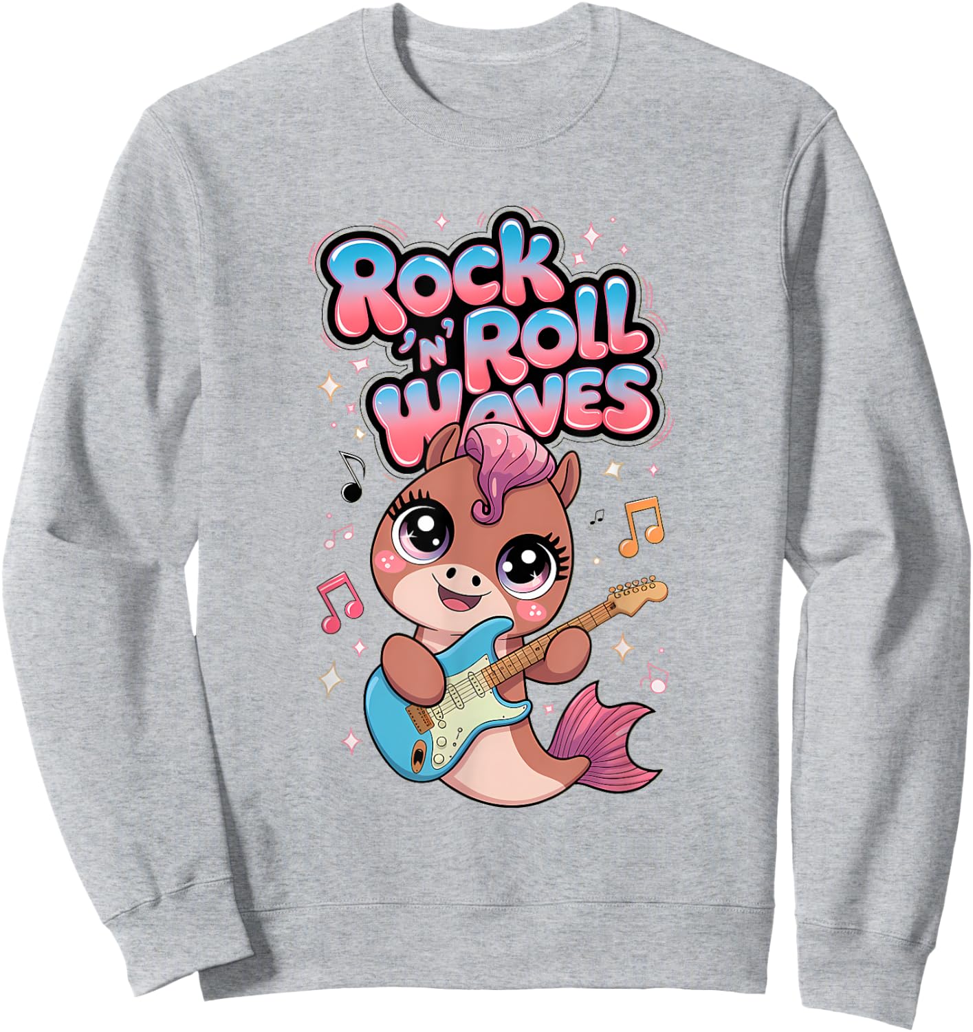 Kawaii Rock 'n Roll Waves Musical Sea Horse Design Sweatshirt - Sweatshirt | Ash