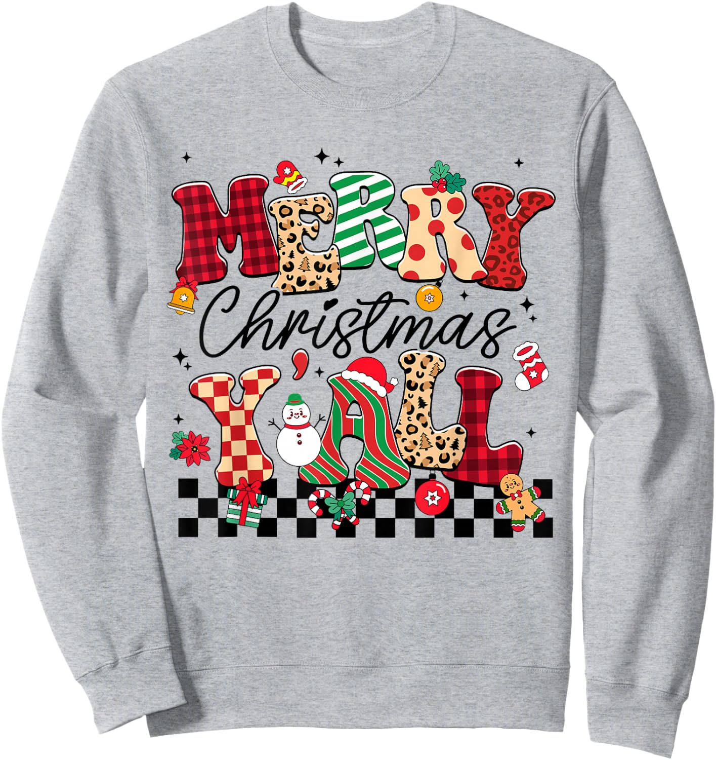 Family 2024 Merry Christmas Y'All Buffalo Plaid Red Pajamas Sweatshirt - Sweatshirt | Ash