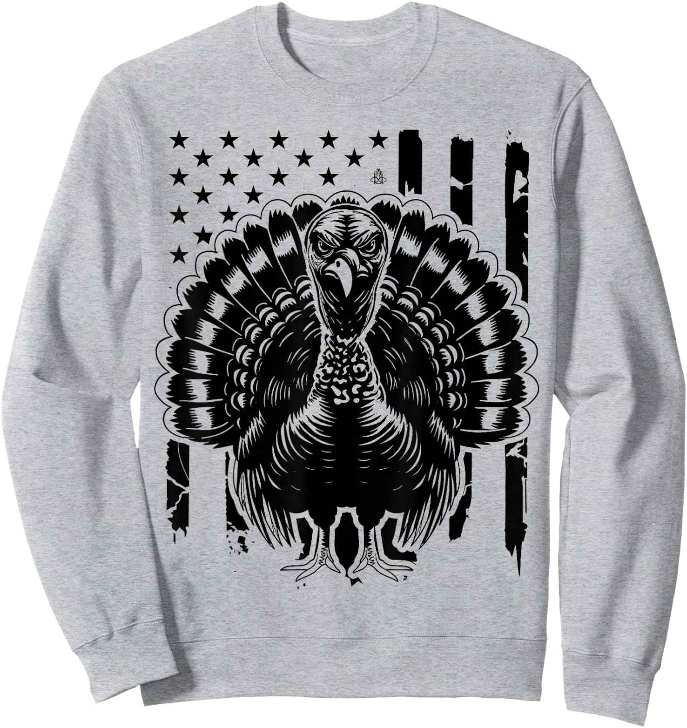 Turkey Hunting Graphic Distressed American Flag Sweatshirt - Sweatshirt | Ash