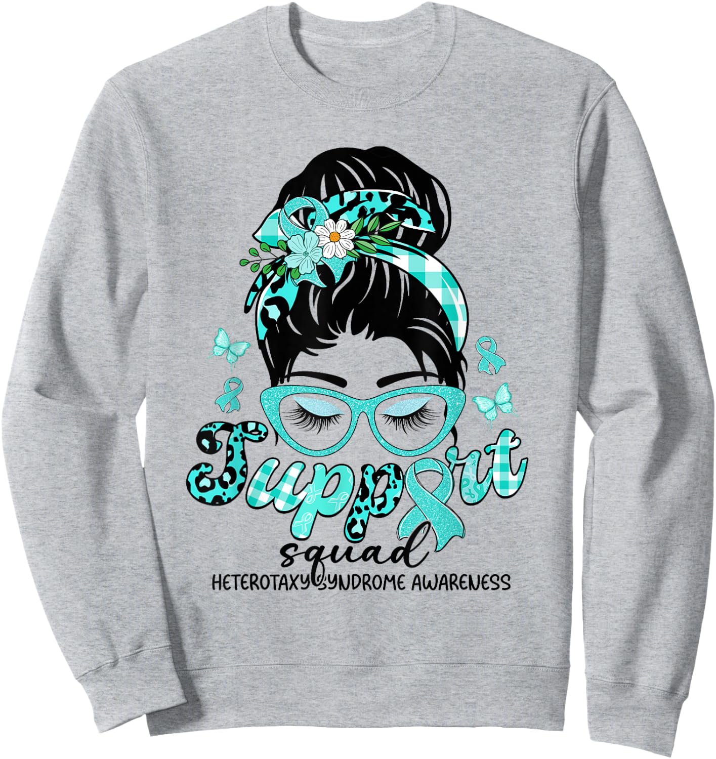 Support Squad Messy Bun Leopard Heterotaxy Syndrome Sweatshirt - Sweatshirt | Ash