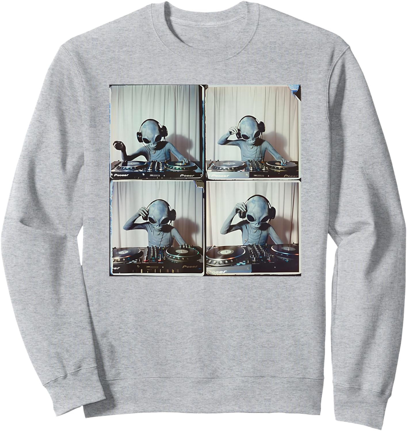 DJ Alien Dropping Beats UFO Vinyl Music Grey Alien Graphic Sweatshirt - Sweatshirt | Ash