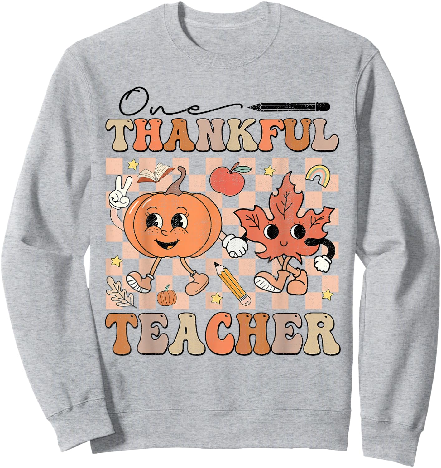 One Thankful Teacher Thanksgiving Groovy Fall Autumn Teacher Sweatshirt - Sweatshirt | Ash
