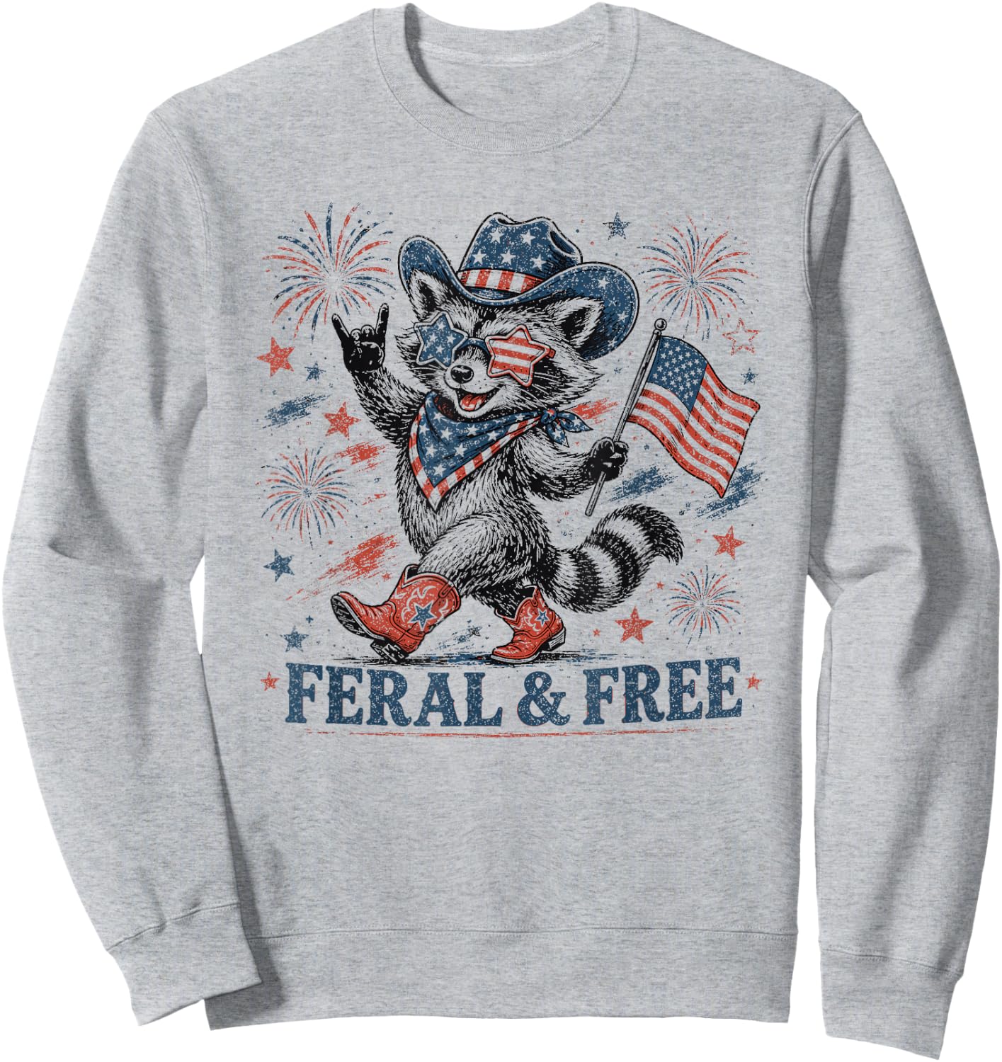 4th of July Feral and Free Patriotic Raccoon Cowboy Sweatshirt - Sweatshirt | Ash