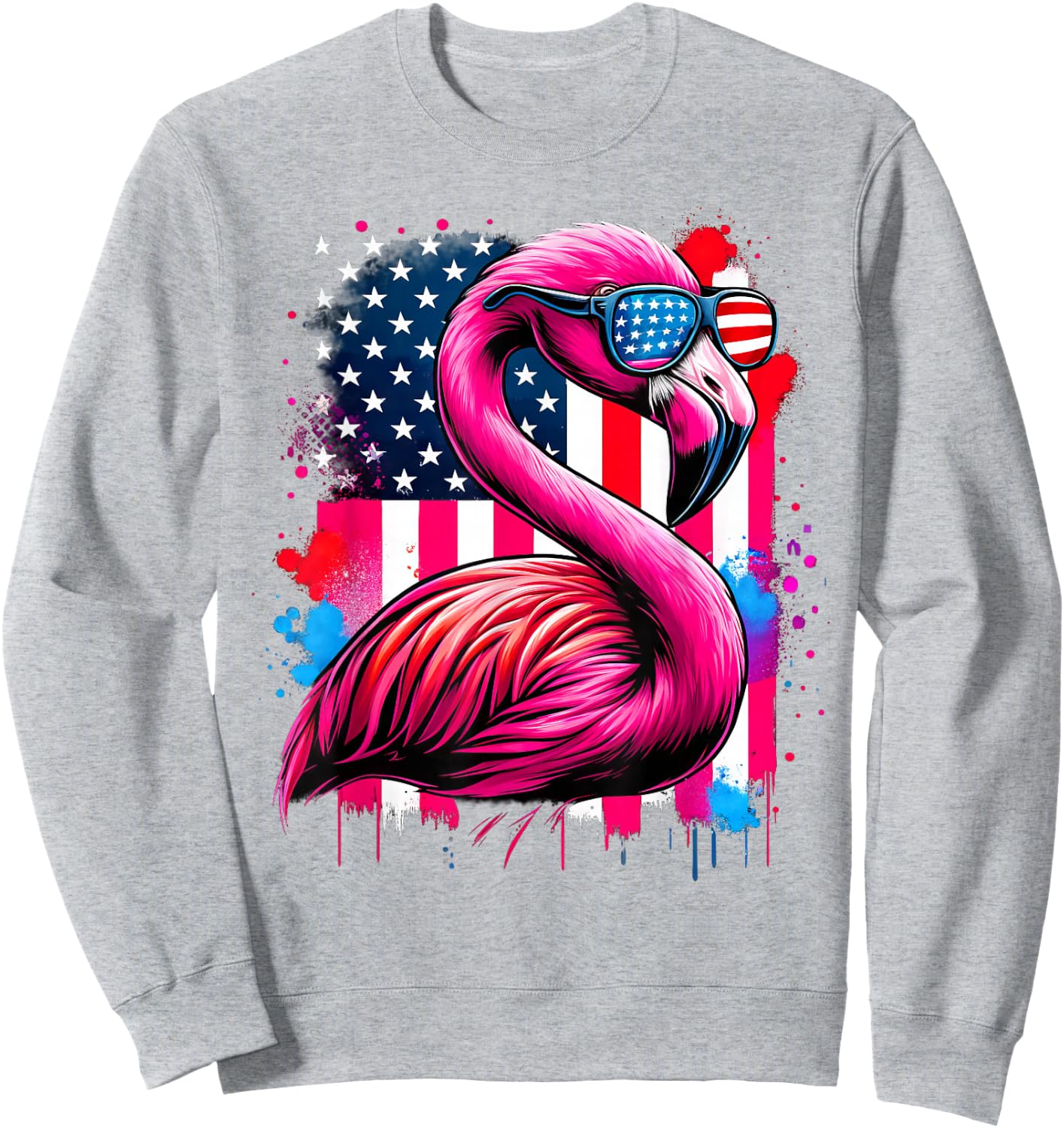 Pink Flamingo USA Flag 4th of July Sunglasses Patriotic Sweatshirt - Sweatshirt | Ash