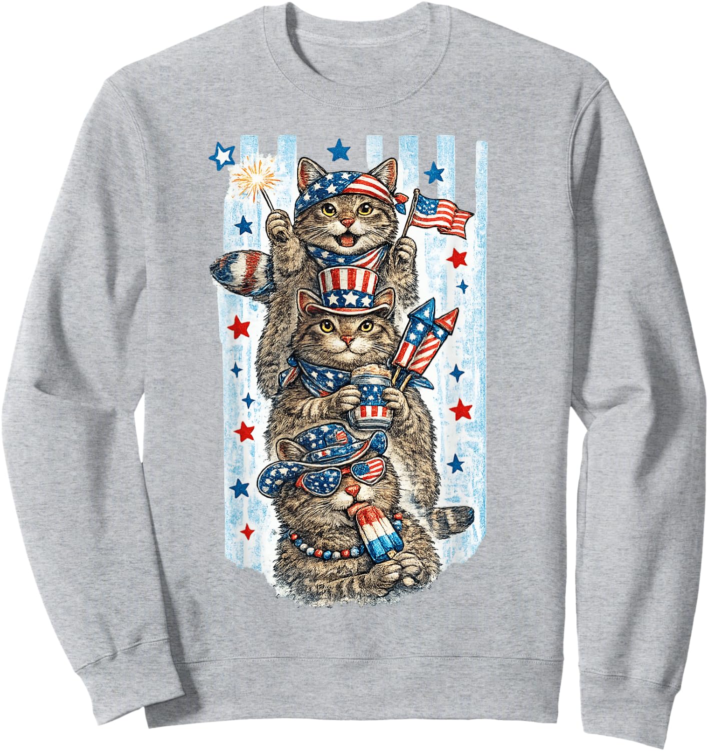 Funny USA Party Cats Vintage Patriotic Animal Fireworks Sweatshirt - Sweatshirt | Ash