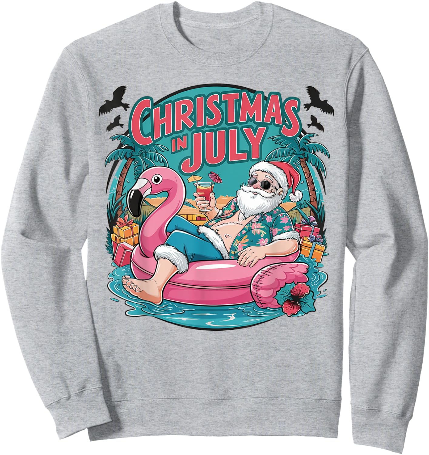 Funny Santa Flamingo Christmas In July Summer Xmas Women Kid Sweatshirt - Sweatshirt | Ash