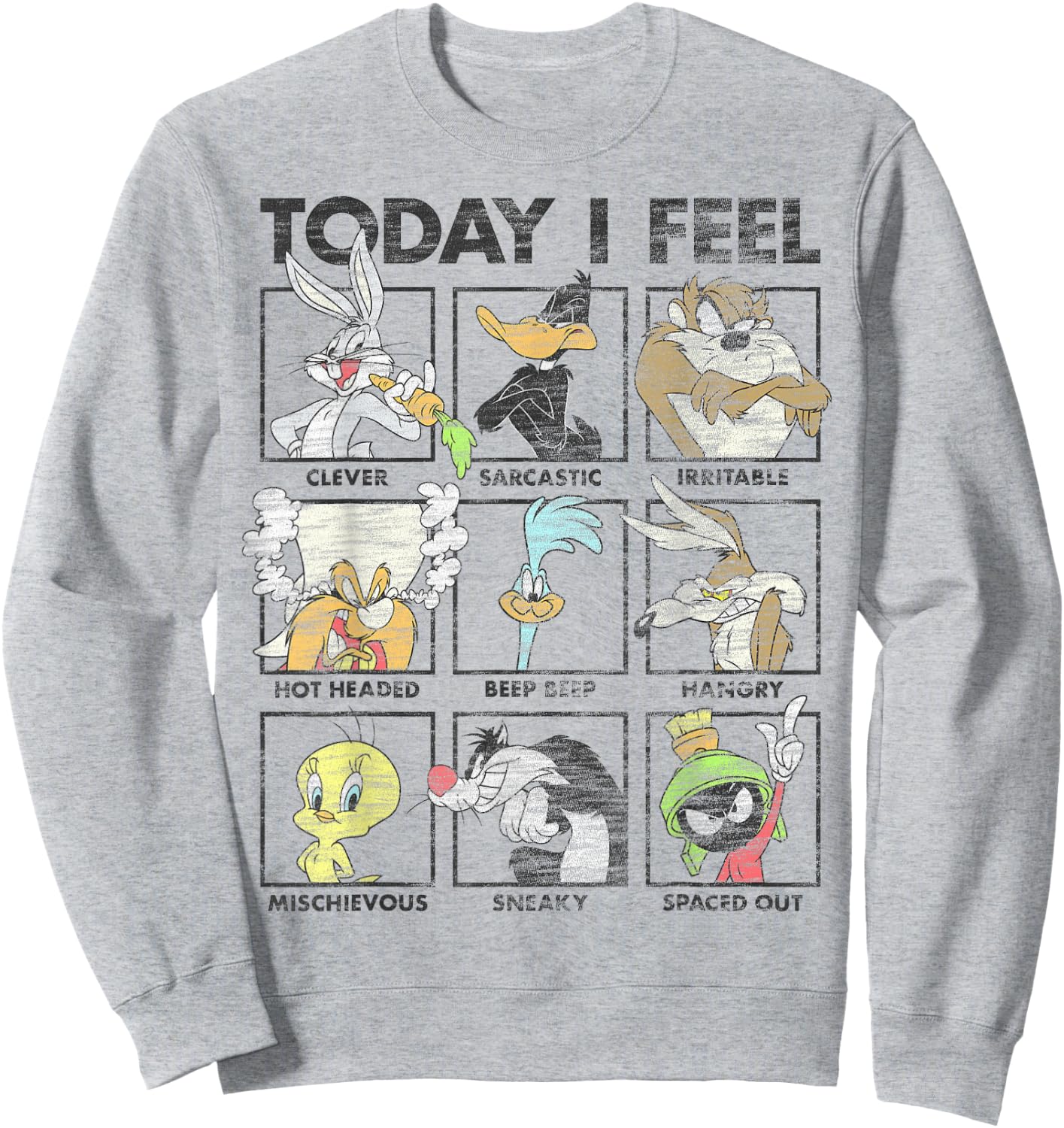 Looney Tunes Today I Feel Distressed Character Box Ups Sweatshirt - Sweatshirt | Ash