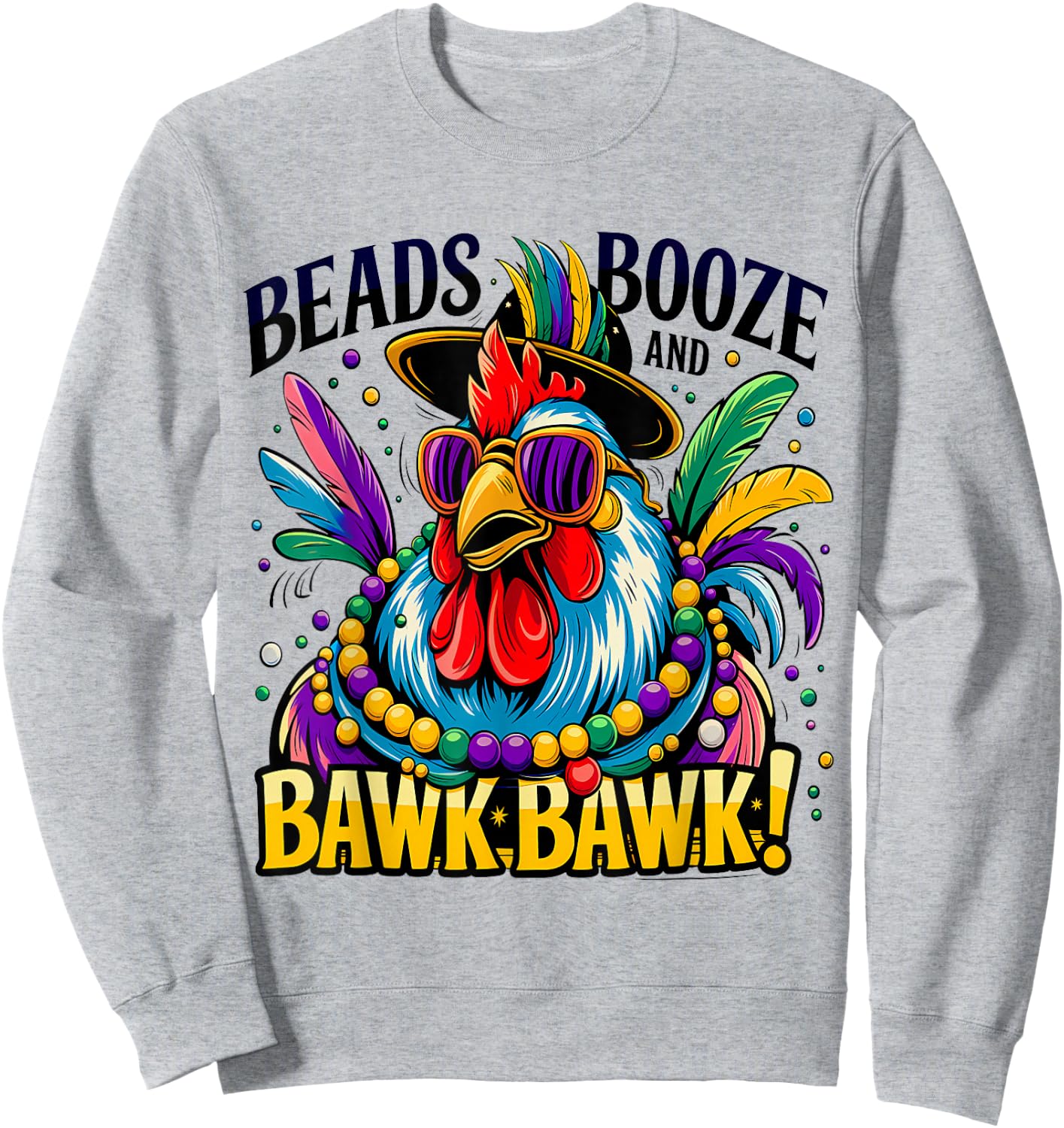 Festive Mardi Gras Rooster Funny Party Bead Sweatshirt - Sweatshirt | Ash
