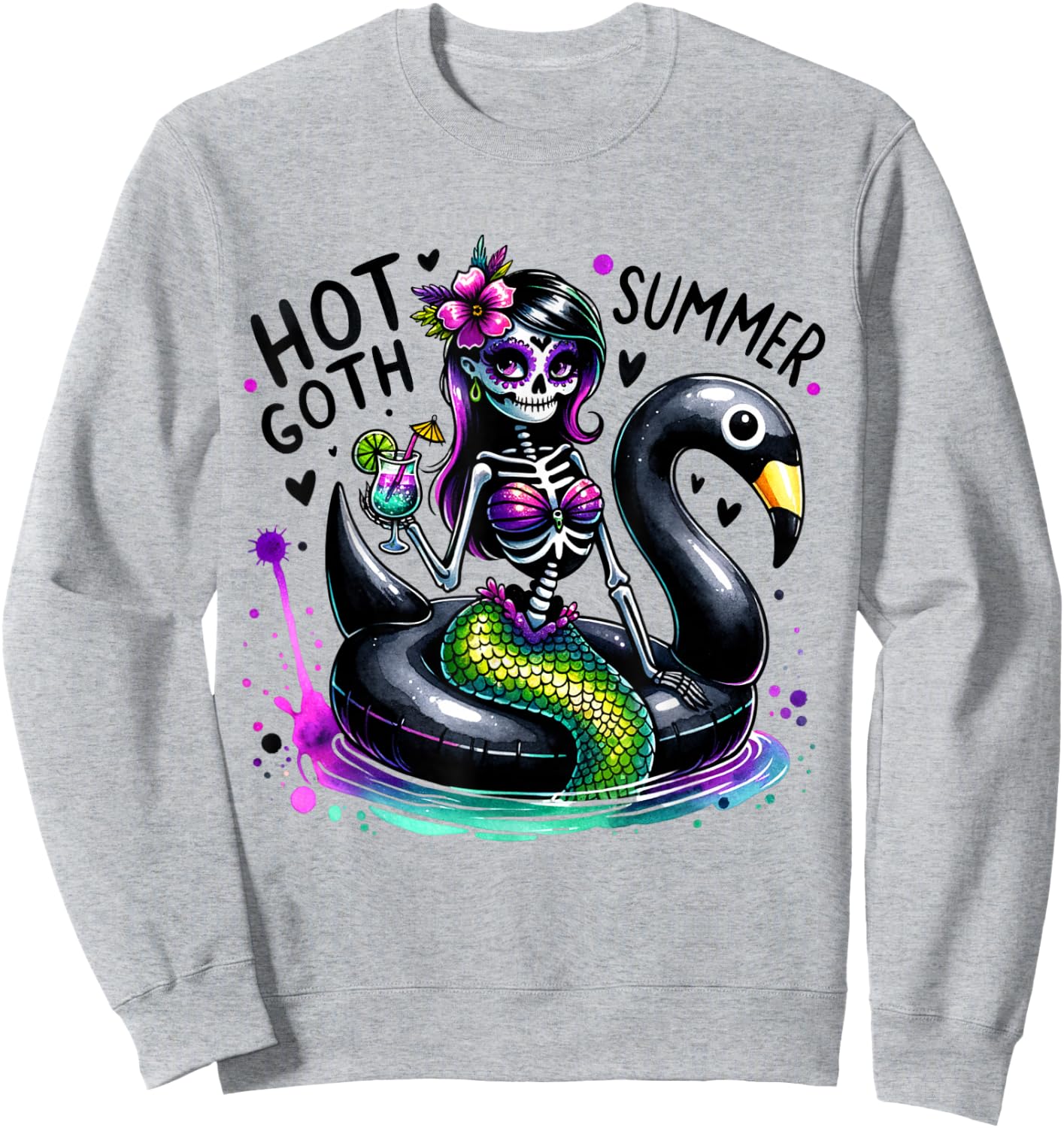 Goth Ghoul Summer Mermaid Skeleton Summerween Pool Party Sweatshirt - Sweatshirt | Ash
