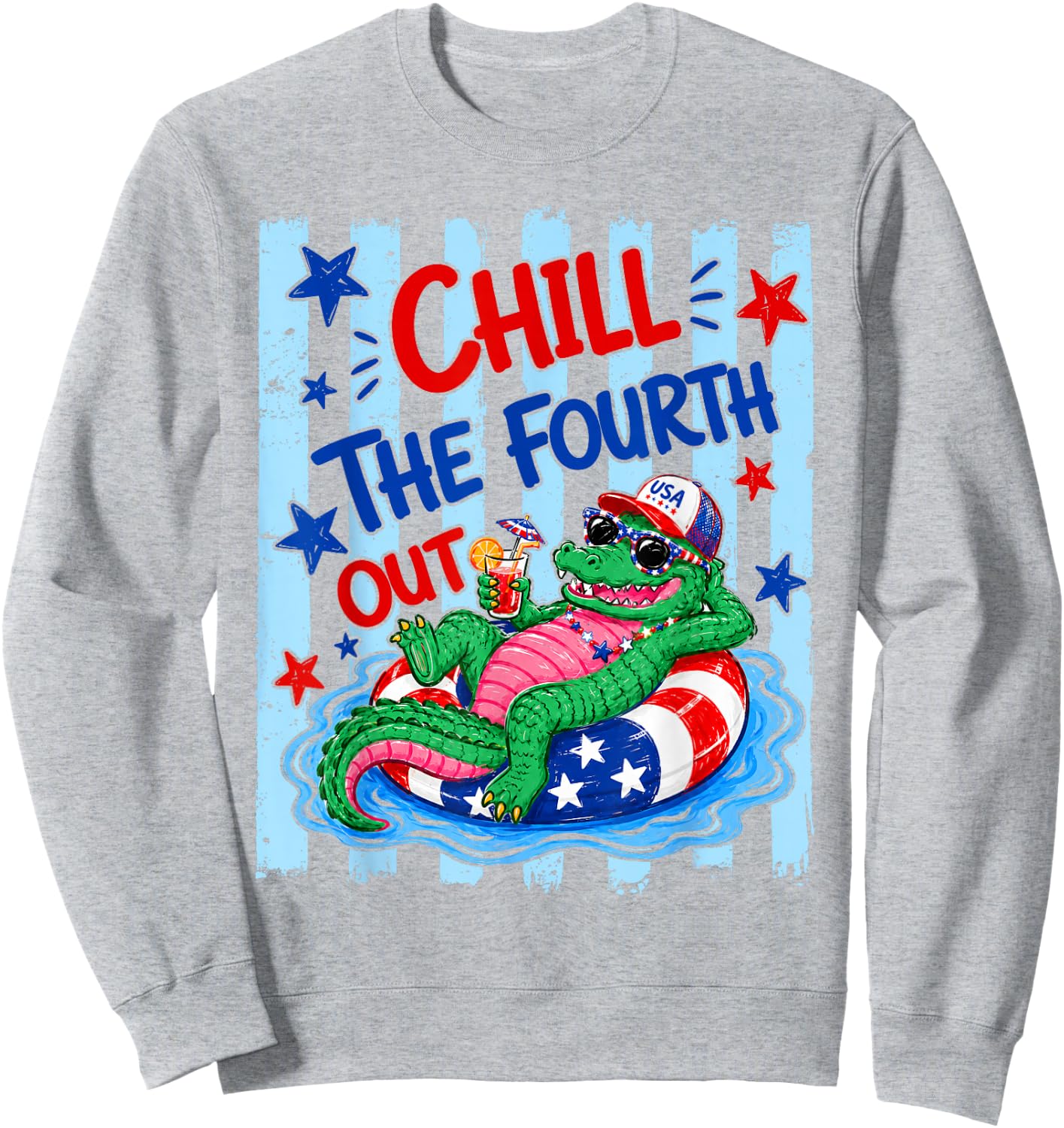 Retro Chill The Fourth Out Funny Alligator 4th of July Gator Sweatshirt - Sweatshirt | Ash