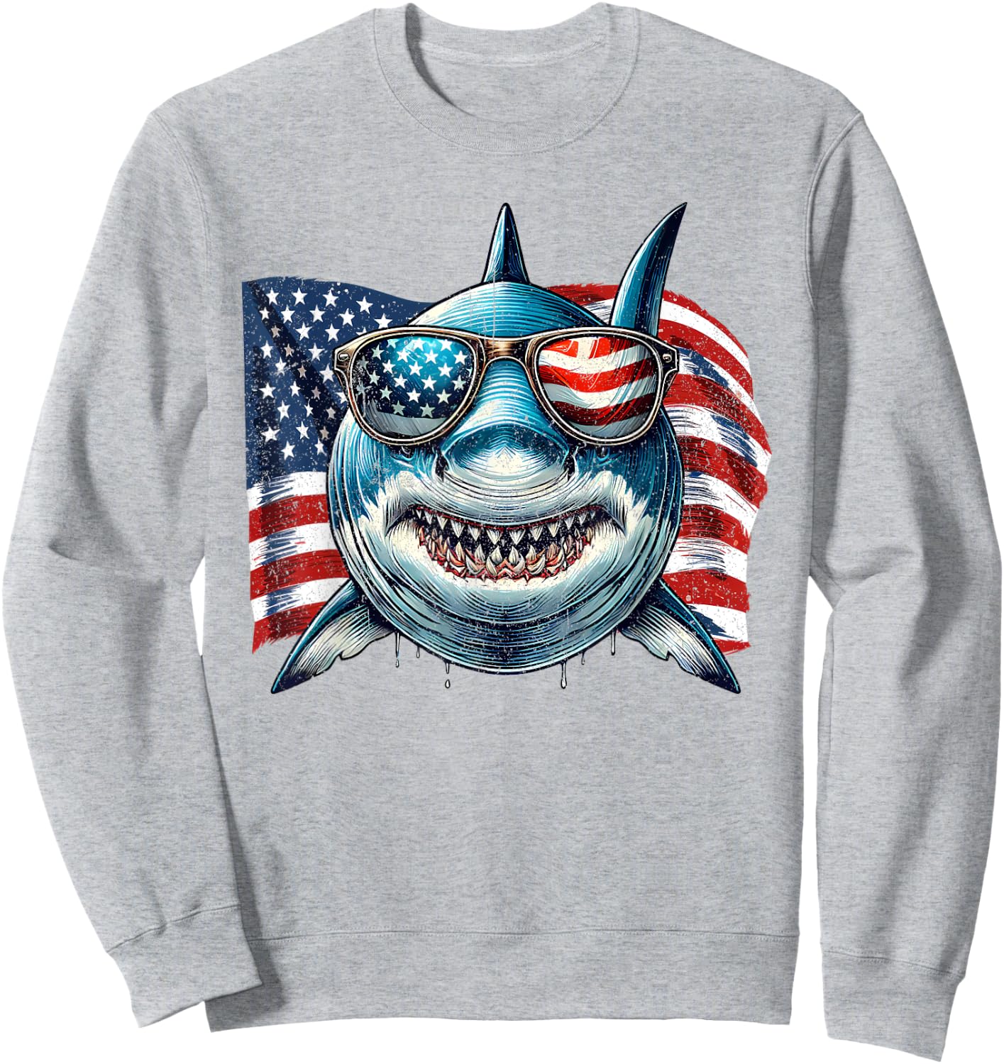 Vintage Shark Lovers US Flag Animals Patriotic Sunglasses Sweatshirt - Sweatshirt | Ash