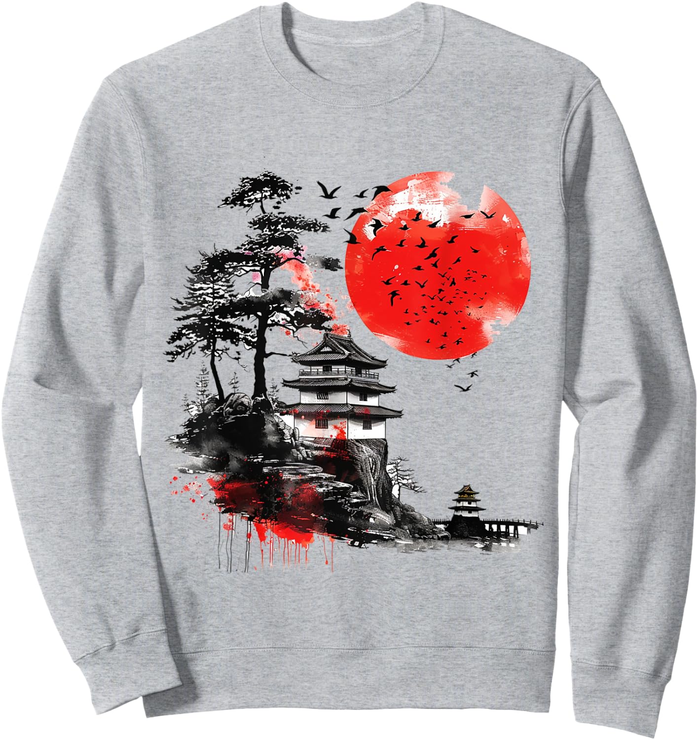 Vintage Cherry Blossom Woodblock Japanese Graphic Art Sweatshirt - Sweatshirt | Ash