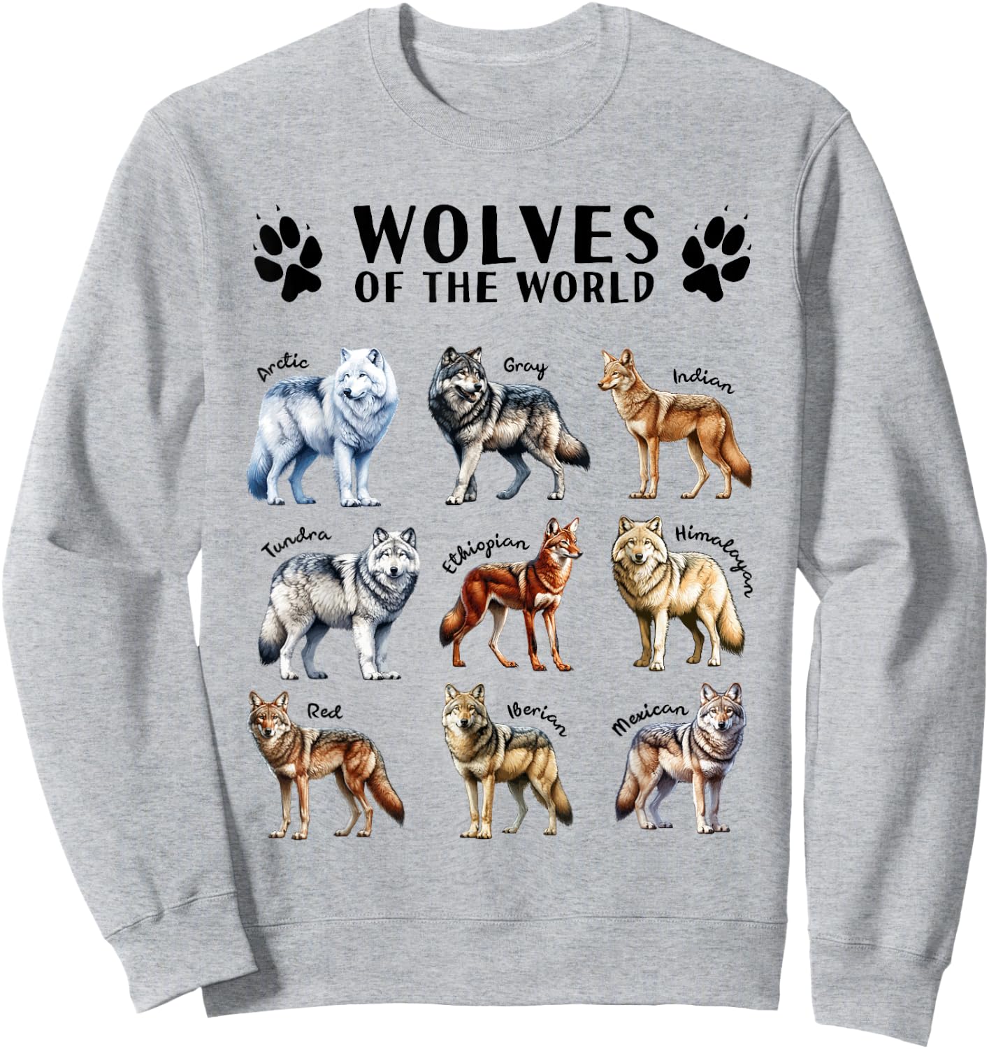 Wolves of the World Educational Collection Wolf Types Animal Sweatshirt - Sweatshirt | Ash