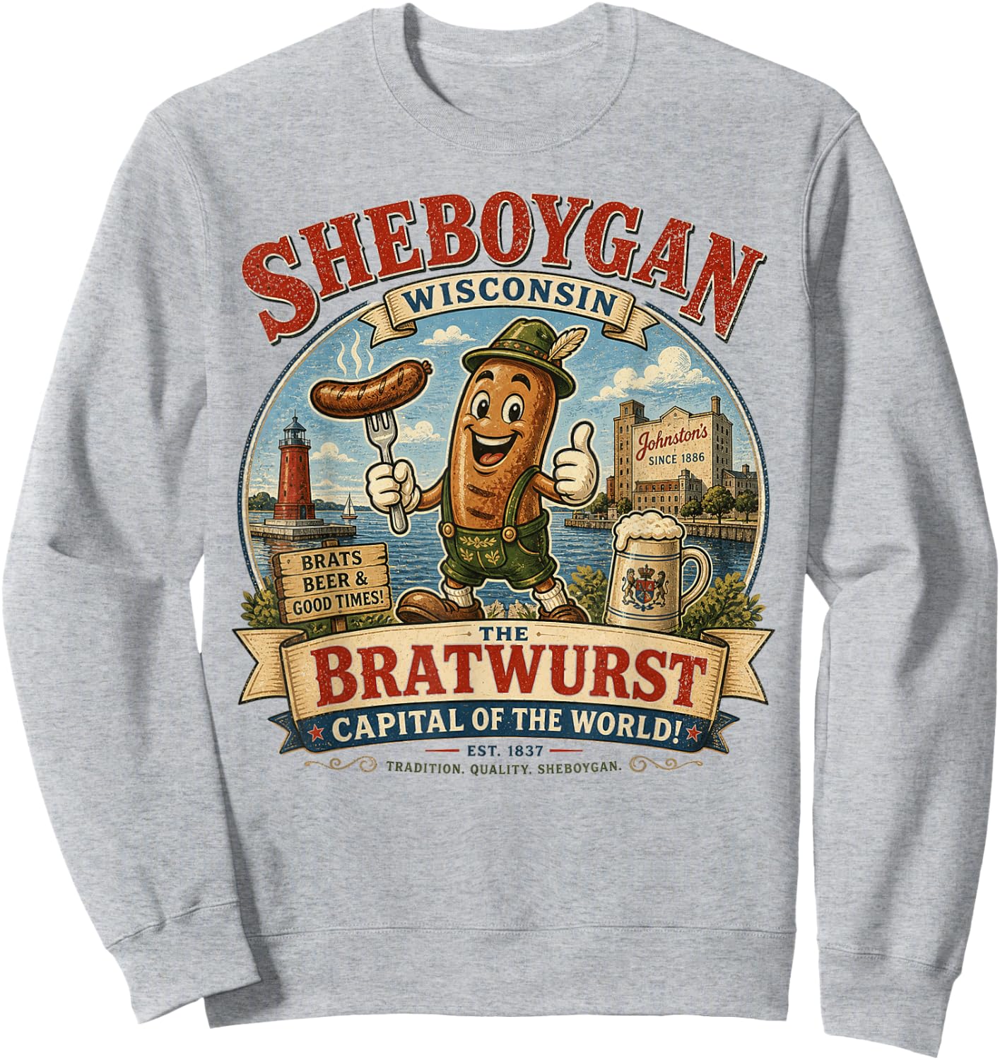 Sheboygan Wisconsin - Bratwurst Capital - Cartoon Mascot Sweatshirt - Sweatshirt | Ash