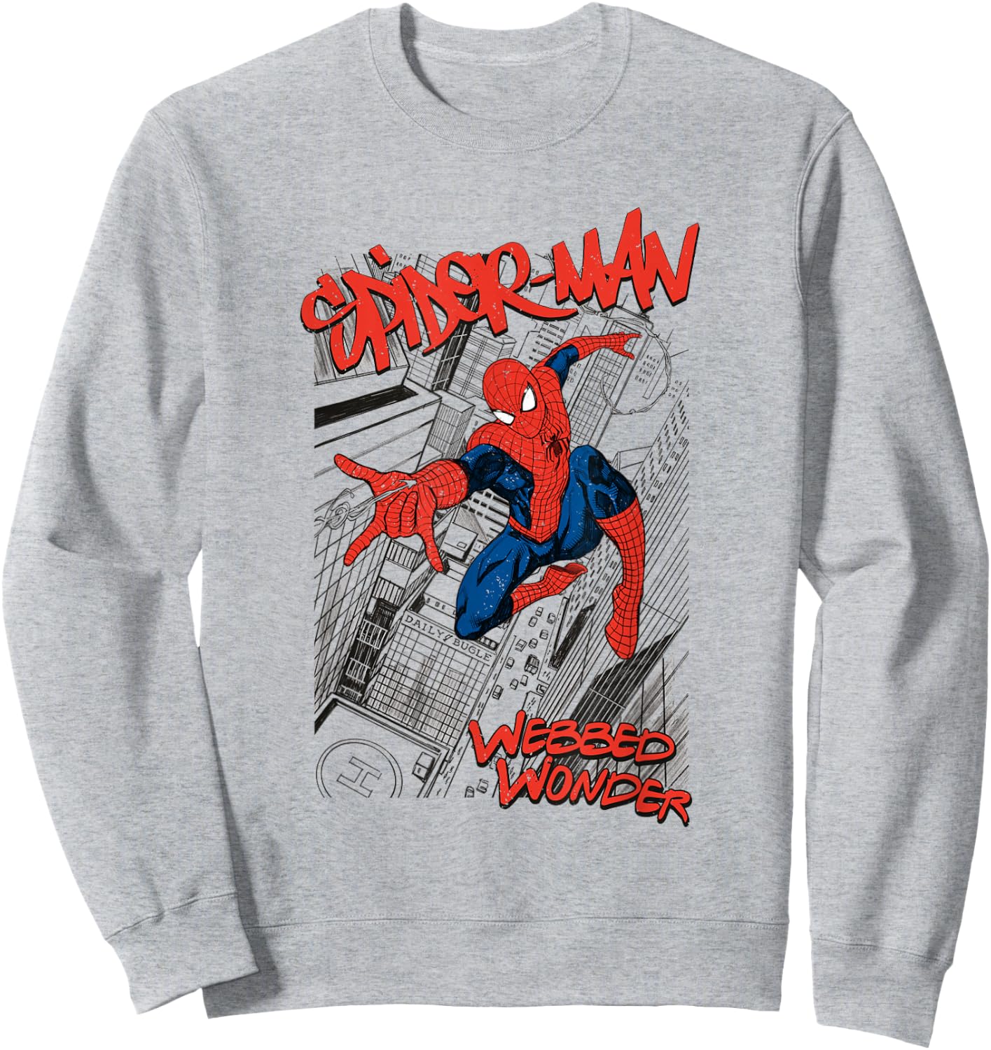 Marvel Spiderman Sketch City White Cartoon Short Sleeve S Adult Spiderman Fans Sweatshirt - Sweatshirt | Ash