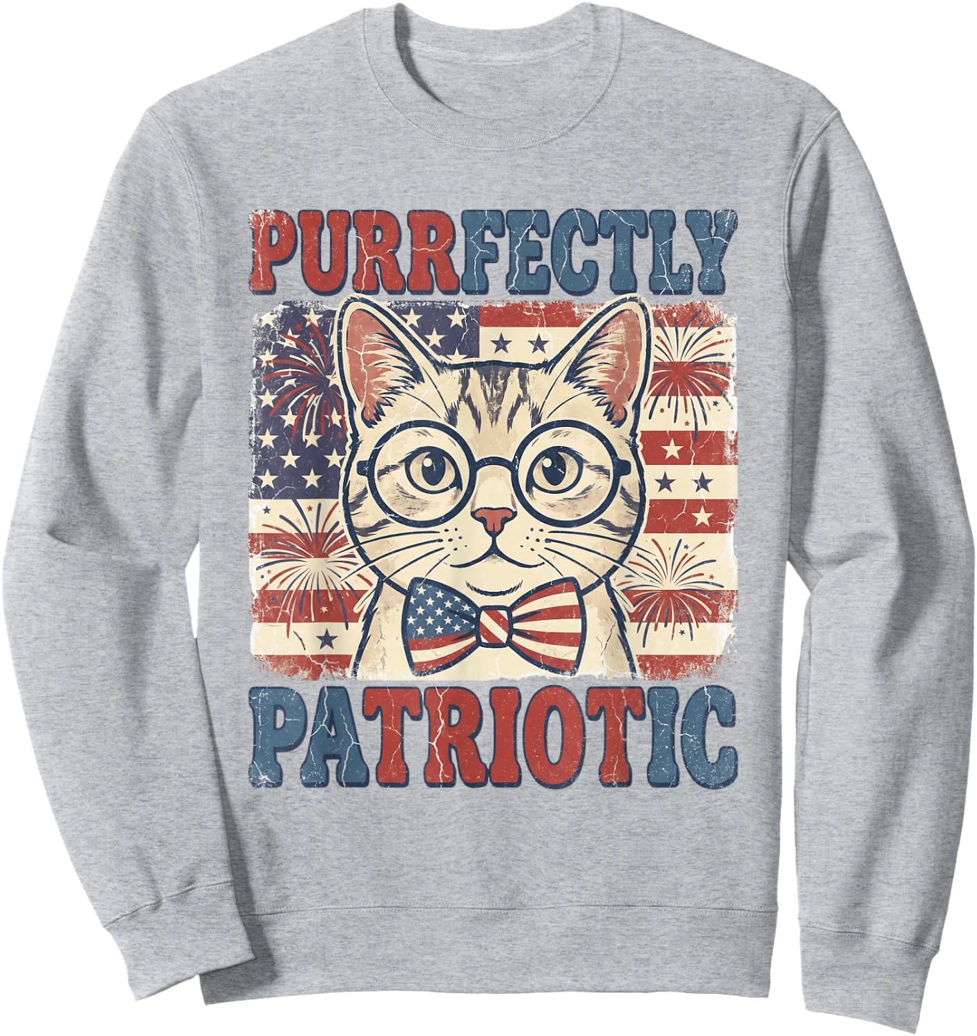 Purrfectly Patriotic Cat Vintage 4th of July Graphic Sweatshirt - Sweatshirt | Ash