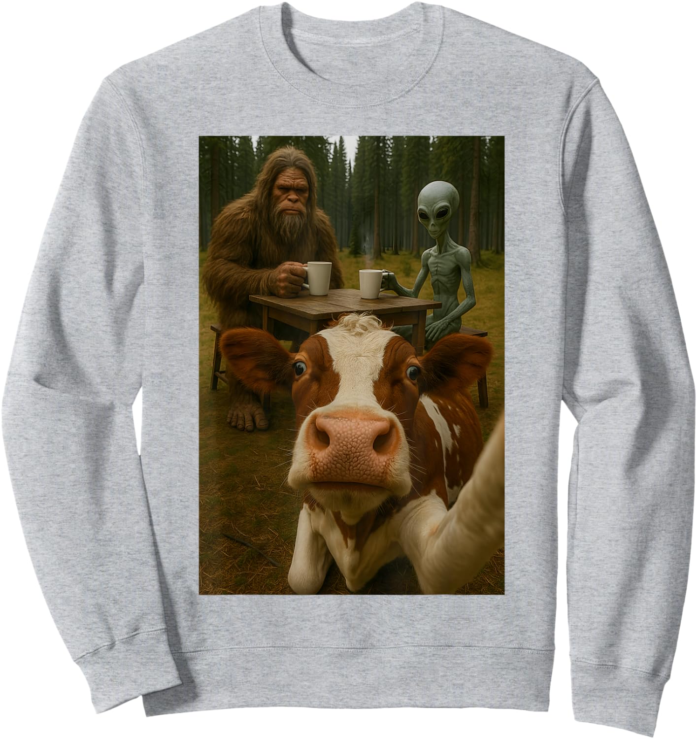 Cow Selfie With Bigfoot Alien Sweatshirt - Sweatshirt | Ash