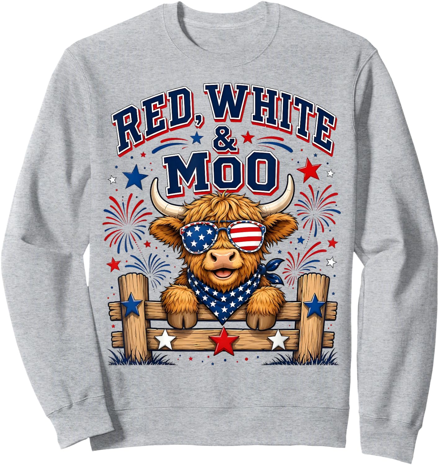 Cute Red White and Moo Funny Patriotic 4th of July USA Flag Sweatshirt - Sweatshirt | Ash