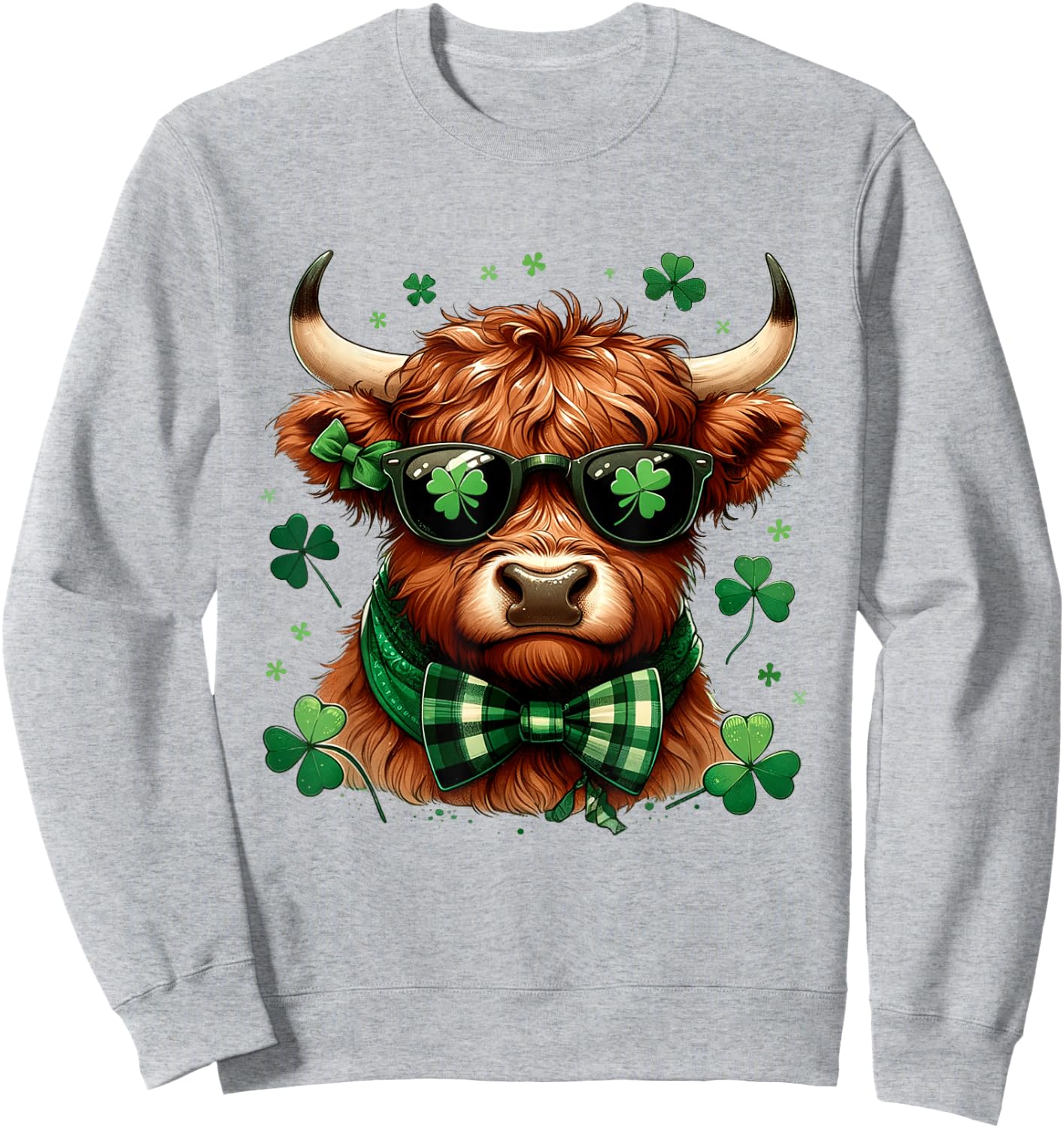 Highland Cow St Patricks Day Lucky Shamrock Men Women Kids Sweatshirt - Sweatshirt | Ash