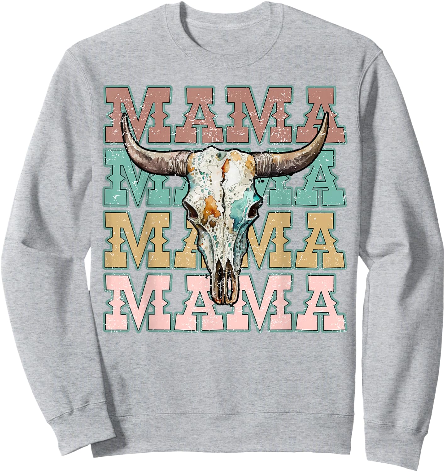 Mama Western Mom Retro Bull Skull Cow Skull Mom Sweatshirt - Sweatshirt | Ash