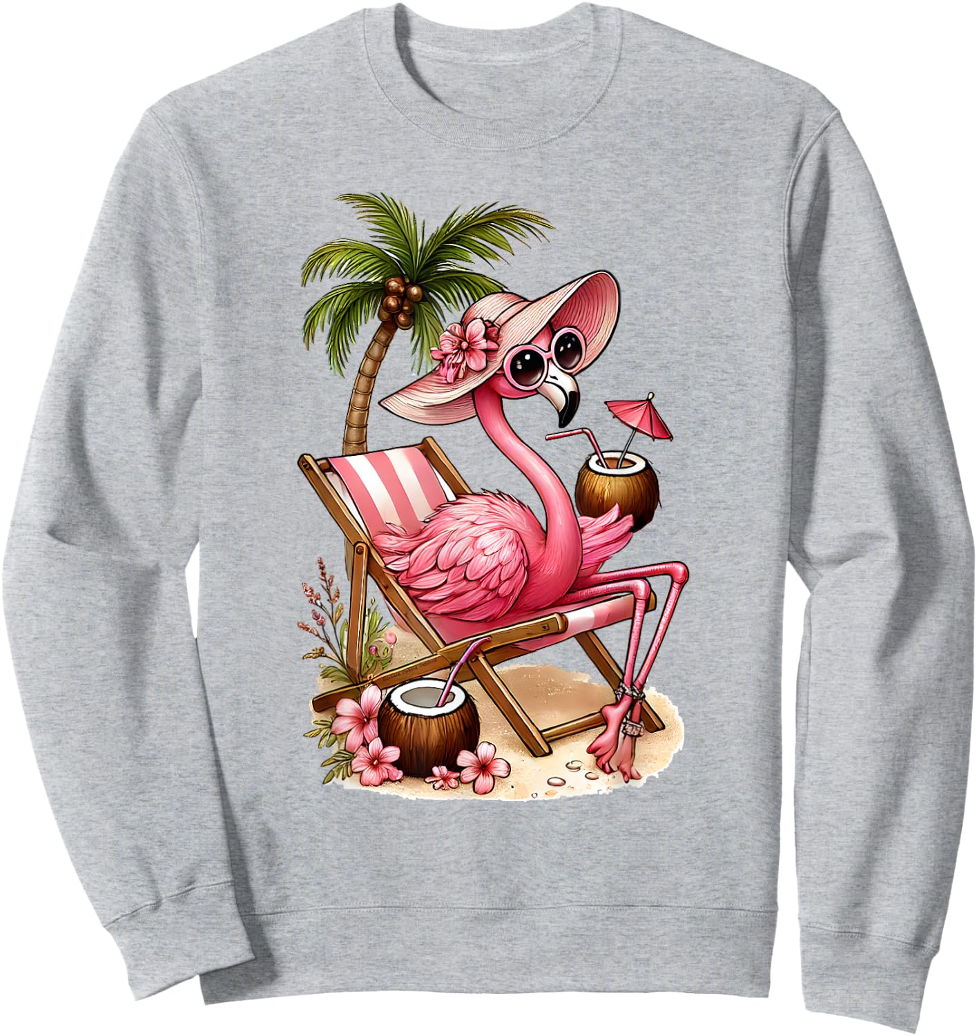 Women's Girls Pink Flamingo Beach Palm Tree Cute Flamingo Sweatshirt - Sweatshirt | Ash