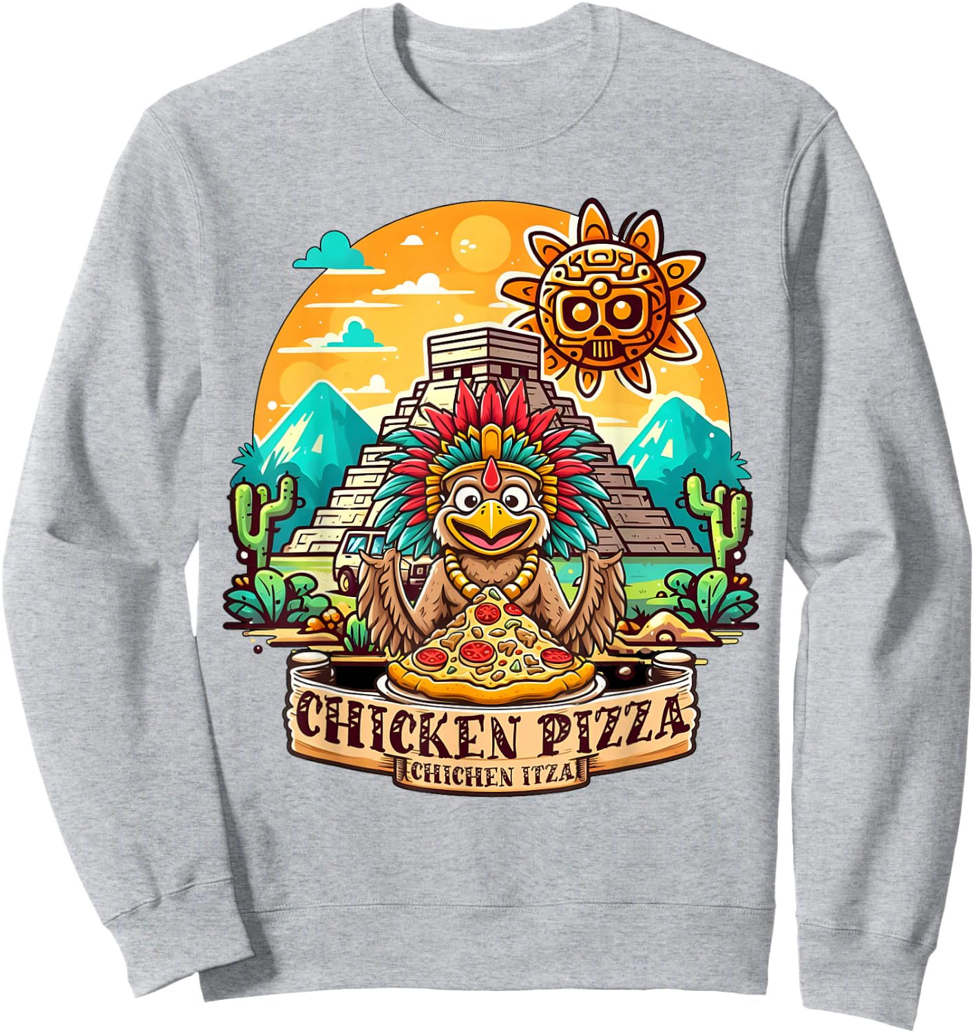 Chichen Itza Chicken Pizza Fun: Quirky Mexico Design Sweatshirt - Sweatshirt | Ash