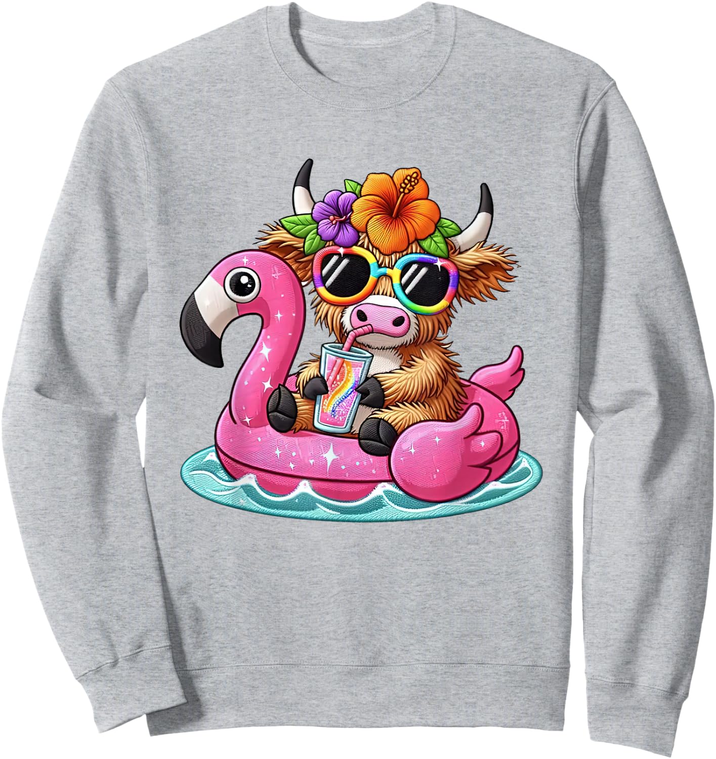Beach Vibes Sweet Summer Cute Highland Cow Flamingo Float Women Girls Kids Sweatshirt - Sweatshirt | Ash