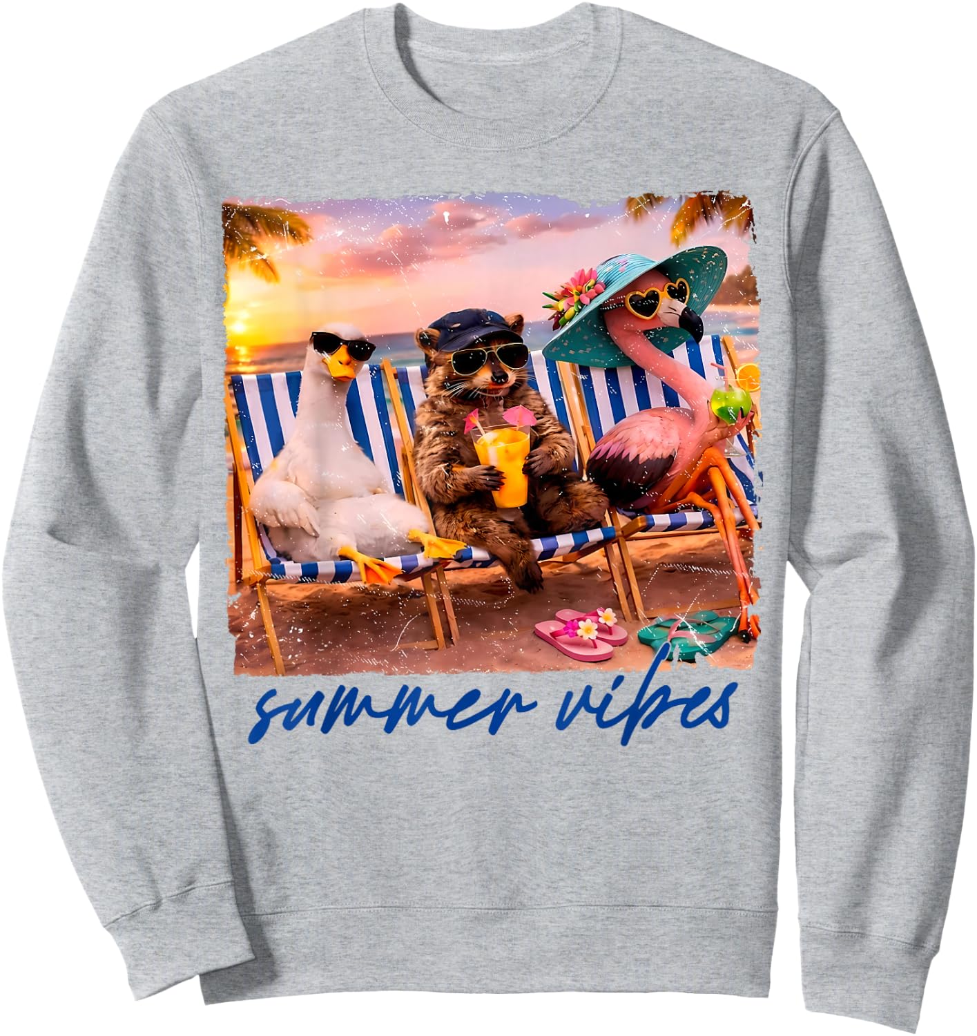 Goose Raccoon Flamingo Summer Vibes Tropical Beach Sunset Sweatshirt - Sweatshirt | Ash