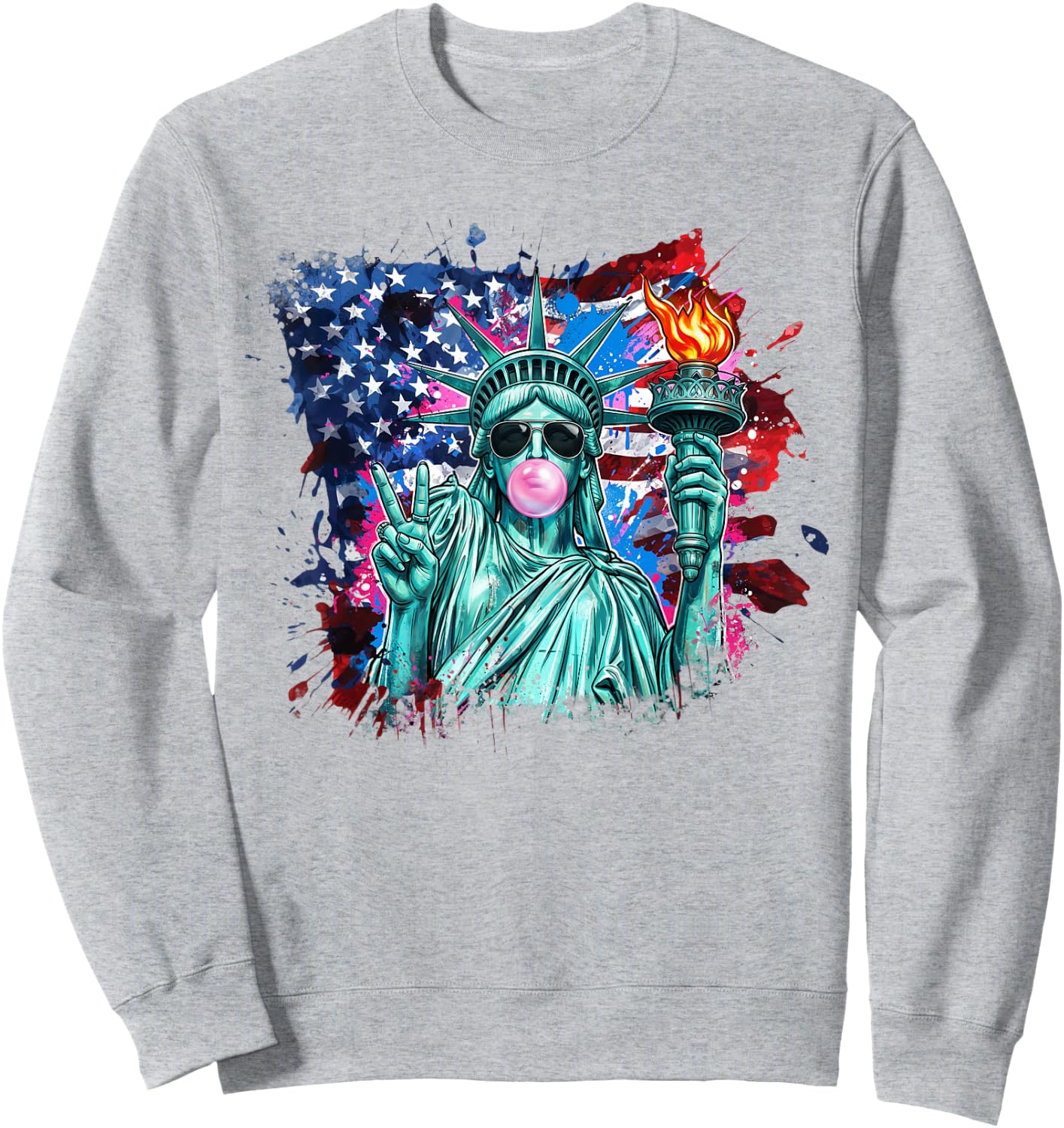 Brushstroke Statue of Liberty Blowing Bubble Gum 4th of July Sweatshirt - Sweatshirt | Ash