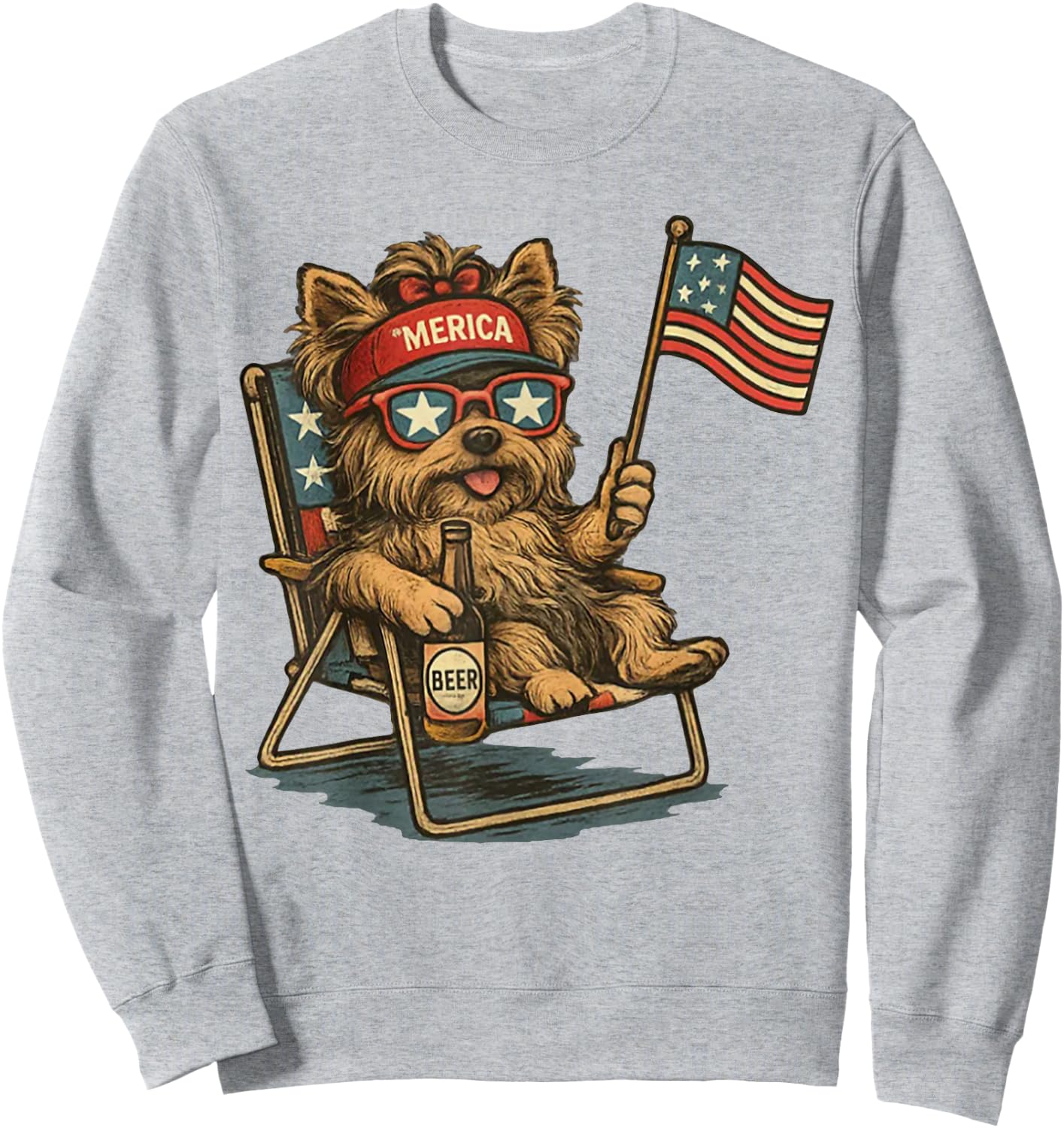 Patriotic Yorkie Dog Drinking Beer American Flag 4th of July Sweatshirt - Sweatshirt | Ash