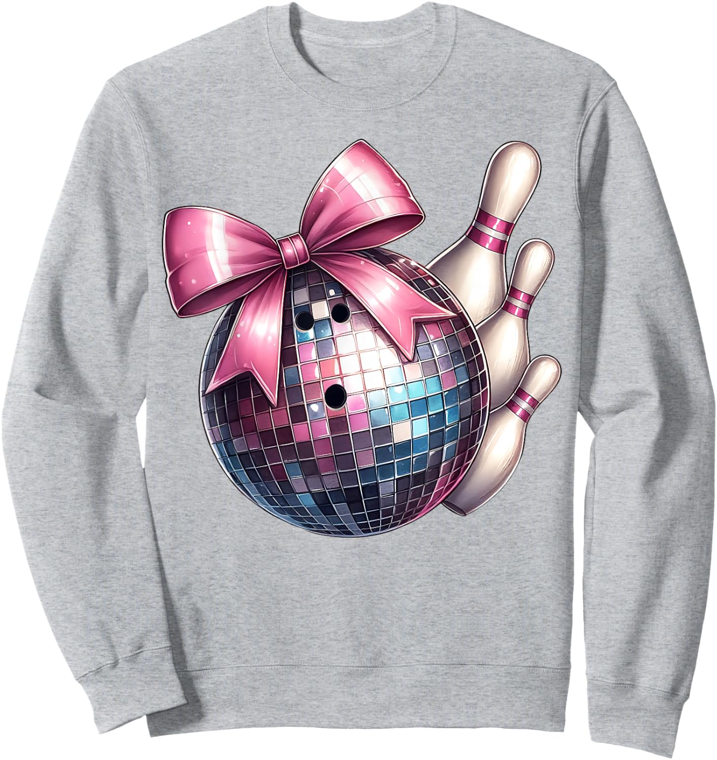 Coquette Bow Bowling Ball Pins Checkered Disco Bowler Mom Sweatshirt - Sweatshirt | Ash