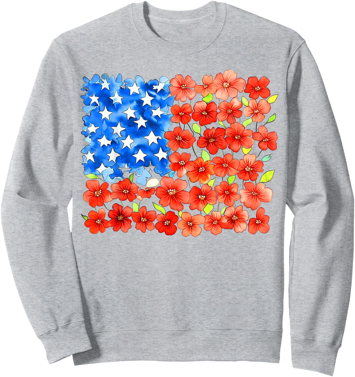 Floral American Flag, Patriotic Flower, 4th of July Floral Sweatshirt - Sweatshirt | Ash