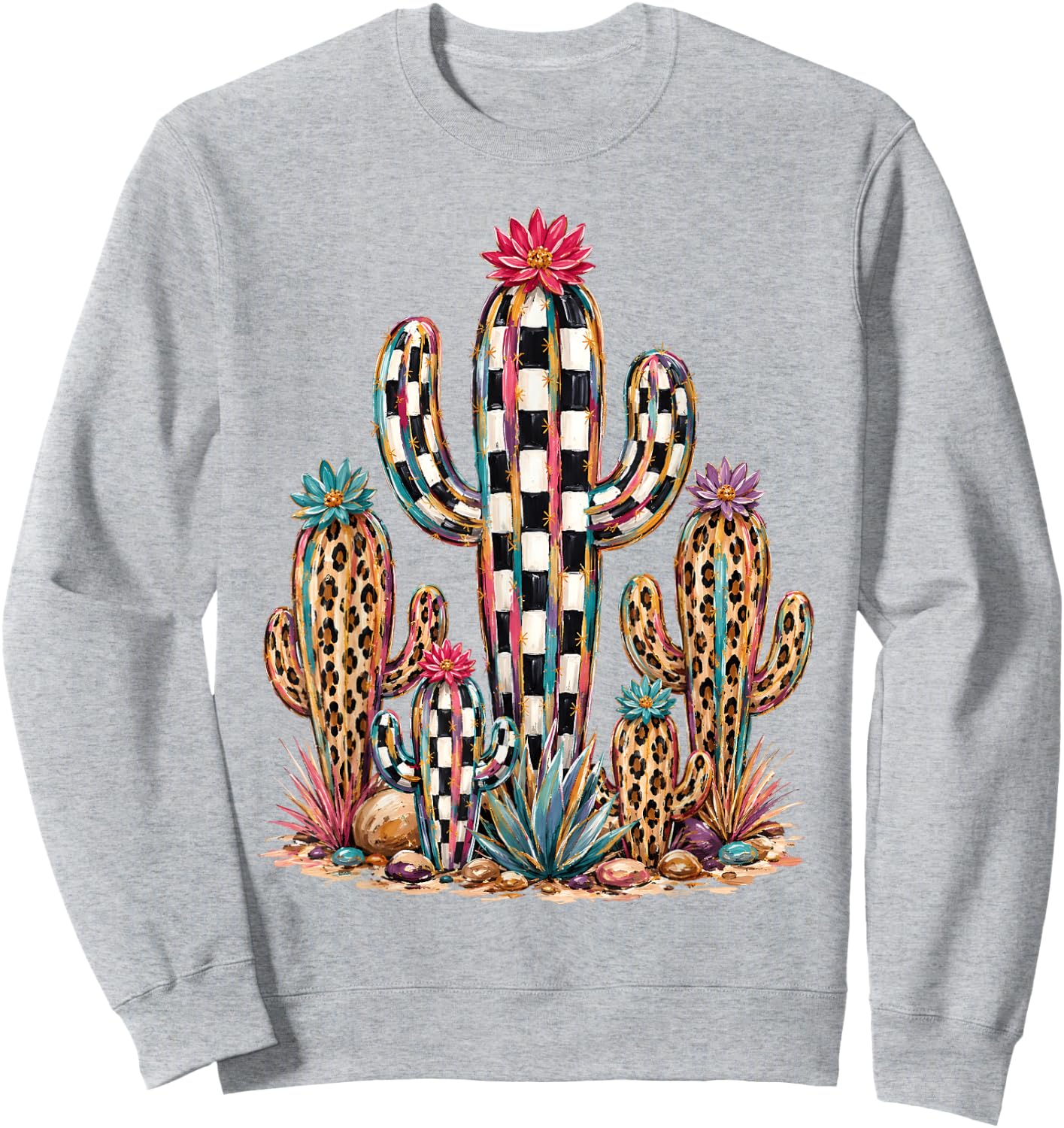 Leopard Checkerboard Cactus Western Desert Graphic Sweatshirt - Sweatshirt | Ash