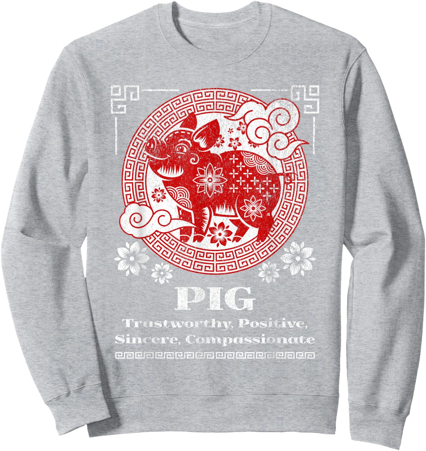 Chinese Zodiac Pig - Red, Small, Short Sleeve, Mandarin Collar, -Adult Sweatshirt - Sweatshirt | Ash
