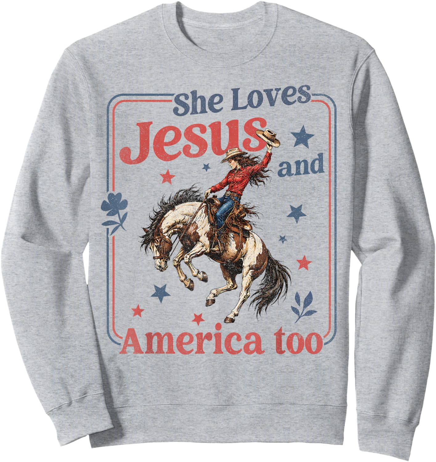 She Loves Jesus & America Too Christian 4th of July Cowgirl Sweatshirt - Sweatshirt | Ash