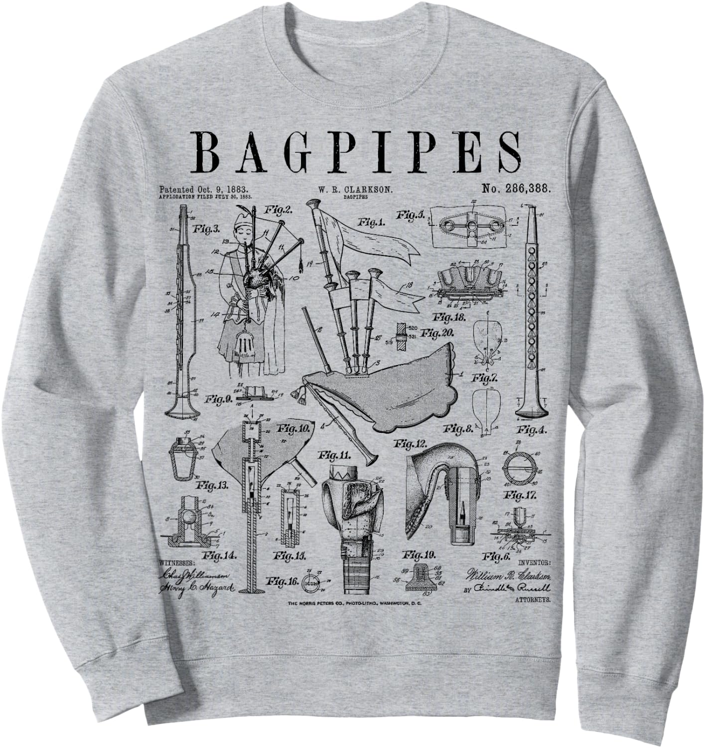 Bagpipe Bagpipe Player Vintage Patent Musician , grey, S Sweatshirt - Sweatshirt | Ash