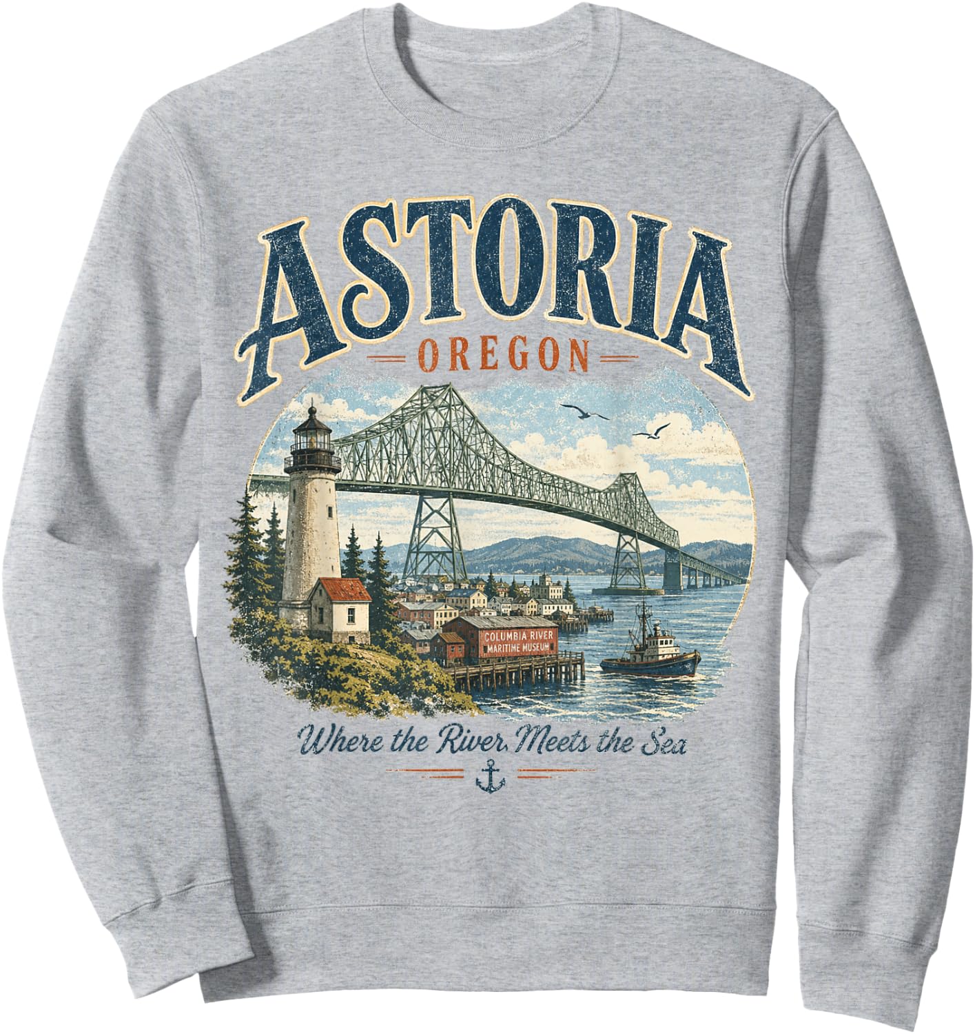 Astoria Oregon- Vintage Columbia River Lighthouse & Bridge Sweatshirt - Sweatshirt | Ash