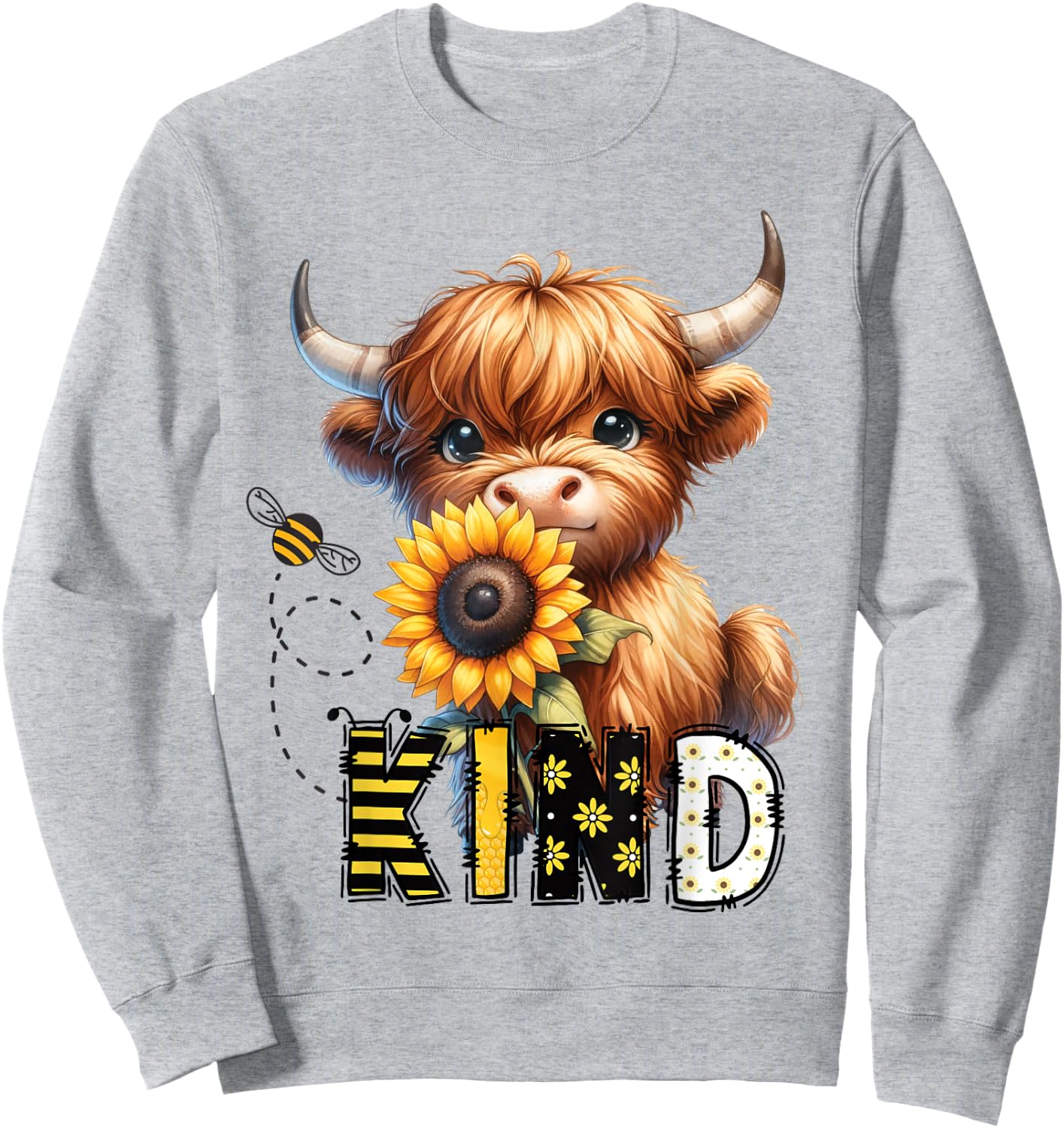 Be Kind Adorable Highland Cow Sunflower Affirmation Kindness , white, S Sweatshirt - Sweatshirt | Ash