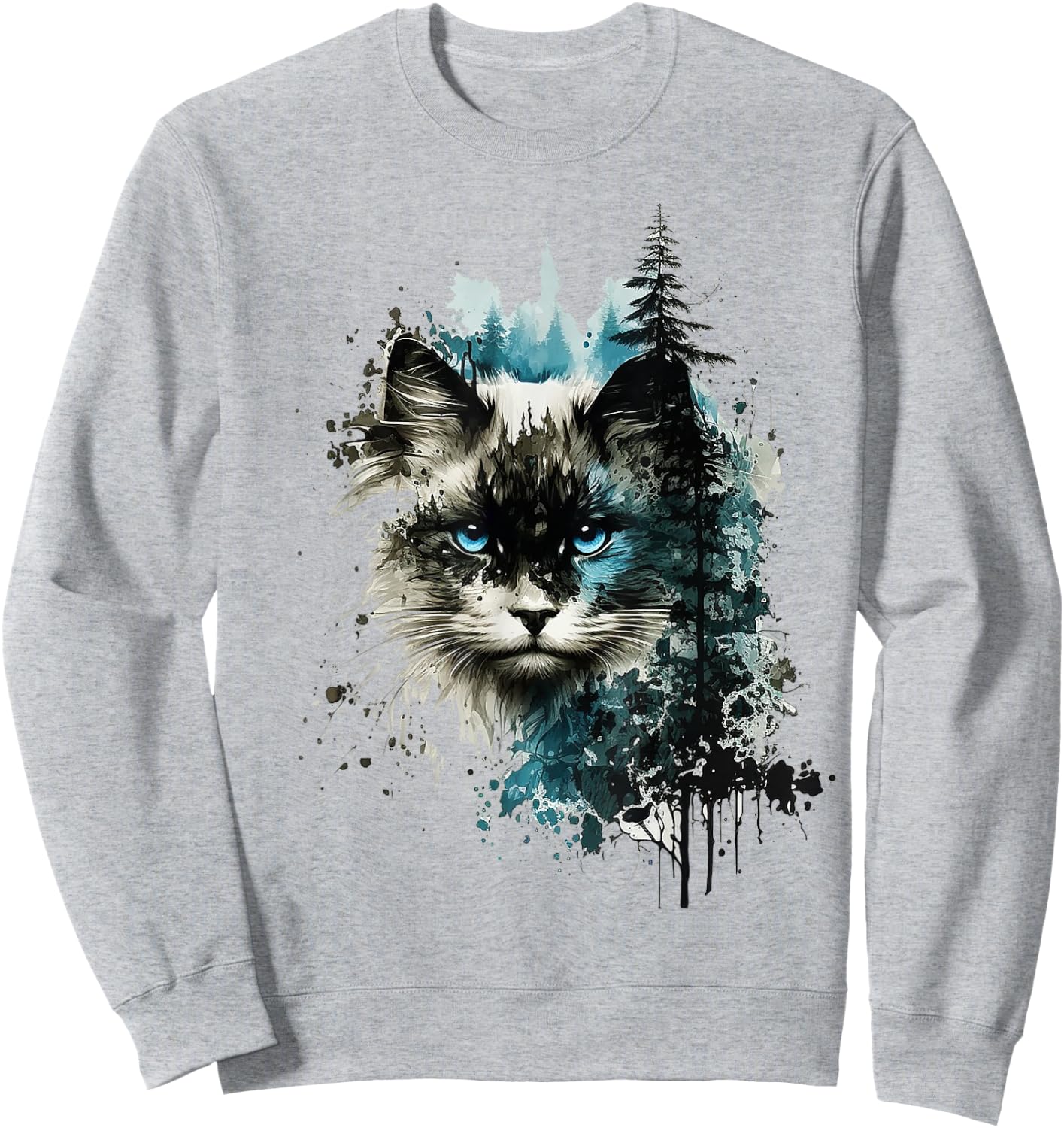 Cat Blue Eyes Cat Pattern Art Forest Animal Cat Sweatshirt - Sweatshirt | Ash