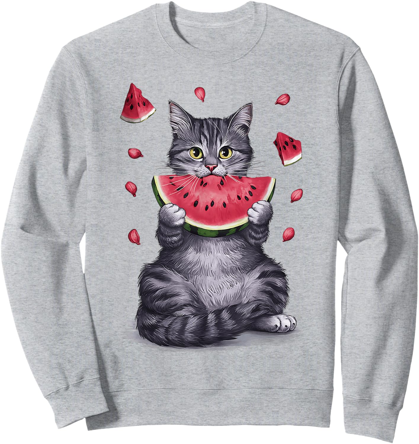 Cute Cat Eating Watermelon Fruit Summer Men Women Girls Sweatshirt - Sweatshirt | Ash