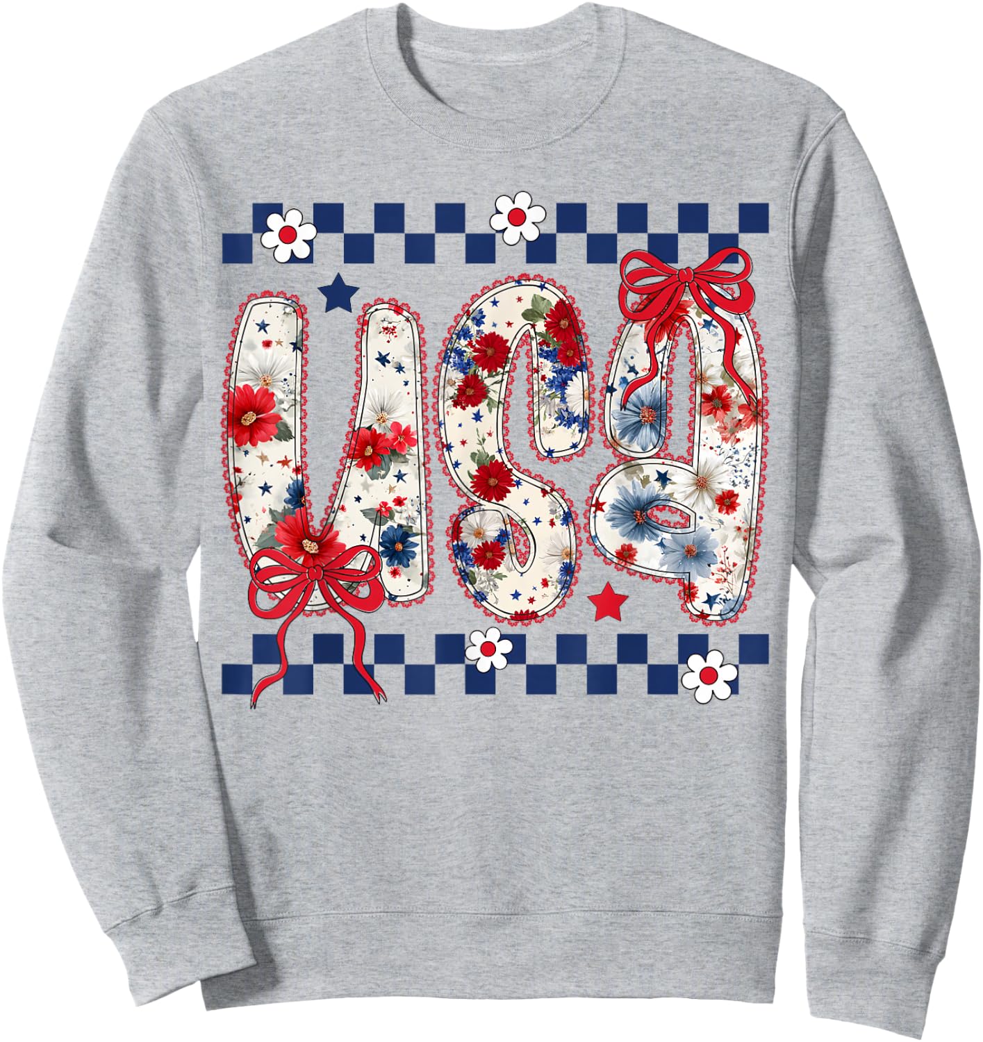 Cute USA Bow Floral Coquette 4th of July Girls Sweatshirt - Sweatshirt | Ash