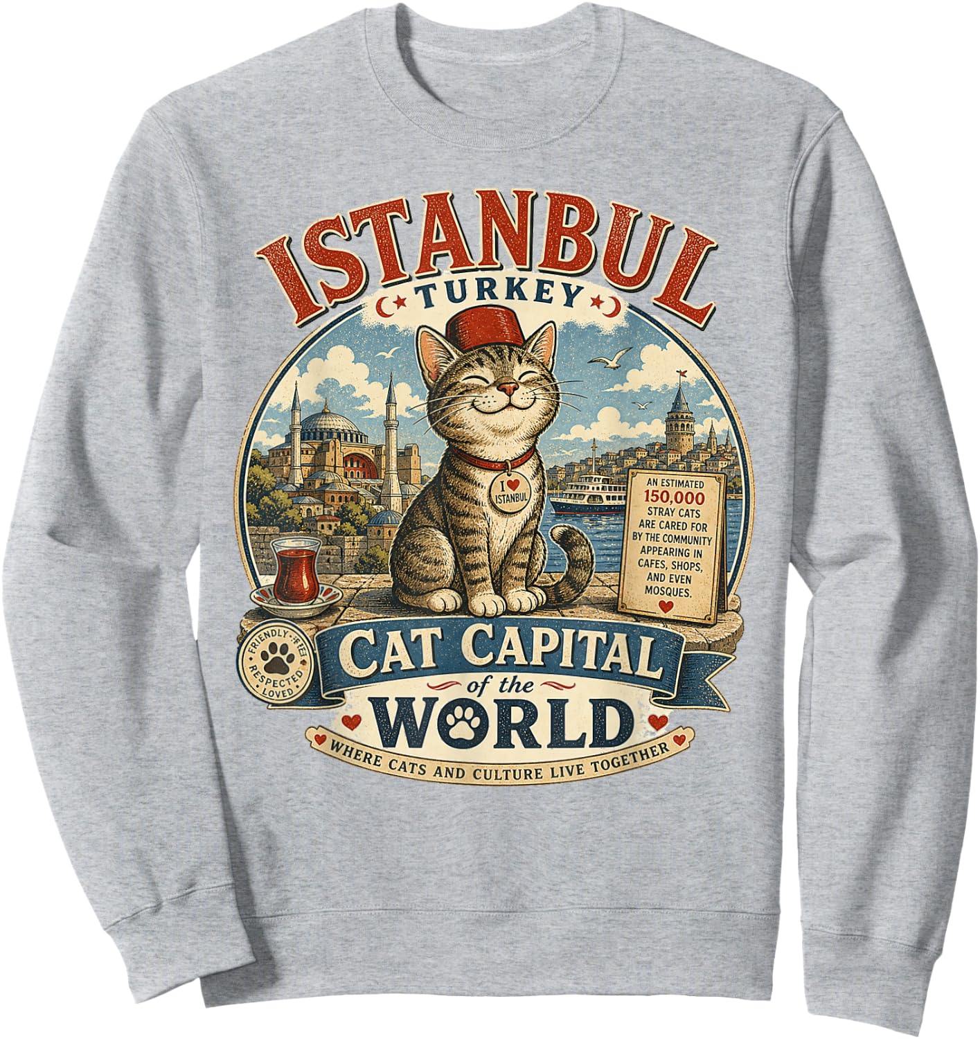 Istanbul, Turkey - Cat Capital - Vintage Logo Graphic Sweatshirt - Sweatshirt | Ash
