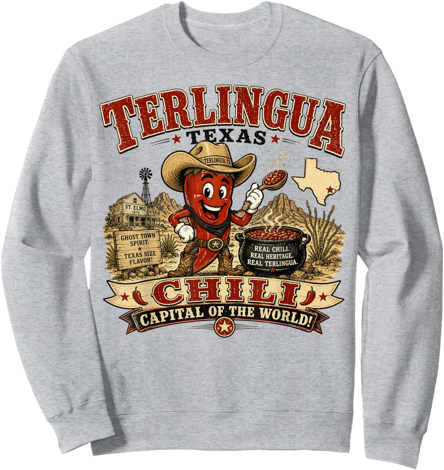 Terlingua Texas Chili Capital - Vintage Chili Pepper Mascot Sweatshirt - Sweatshirt | Ash