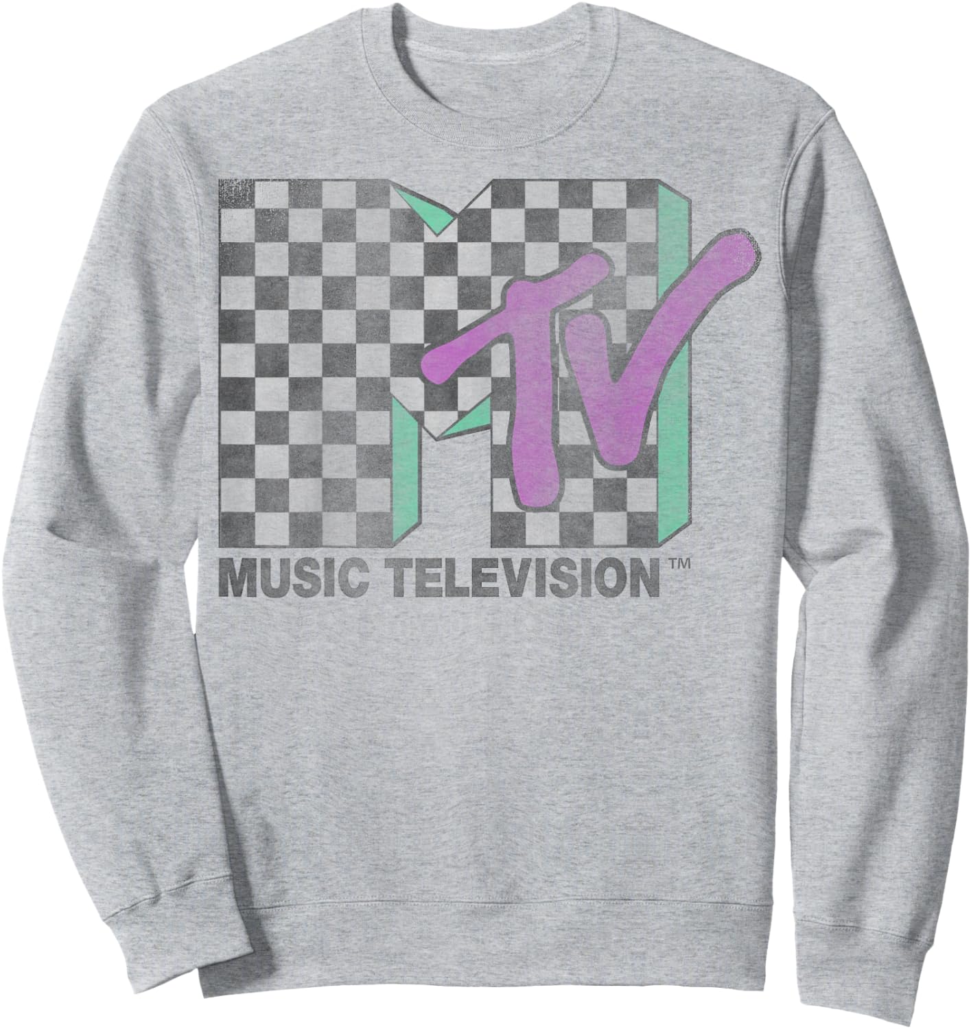 MTV Checkered Distressed Retro Logo Short Sleeve Sweatshirt - Sweatshirt | Ash