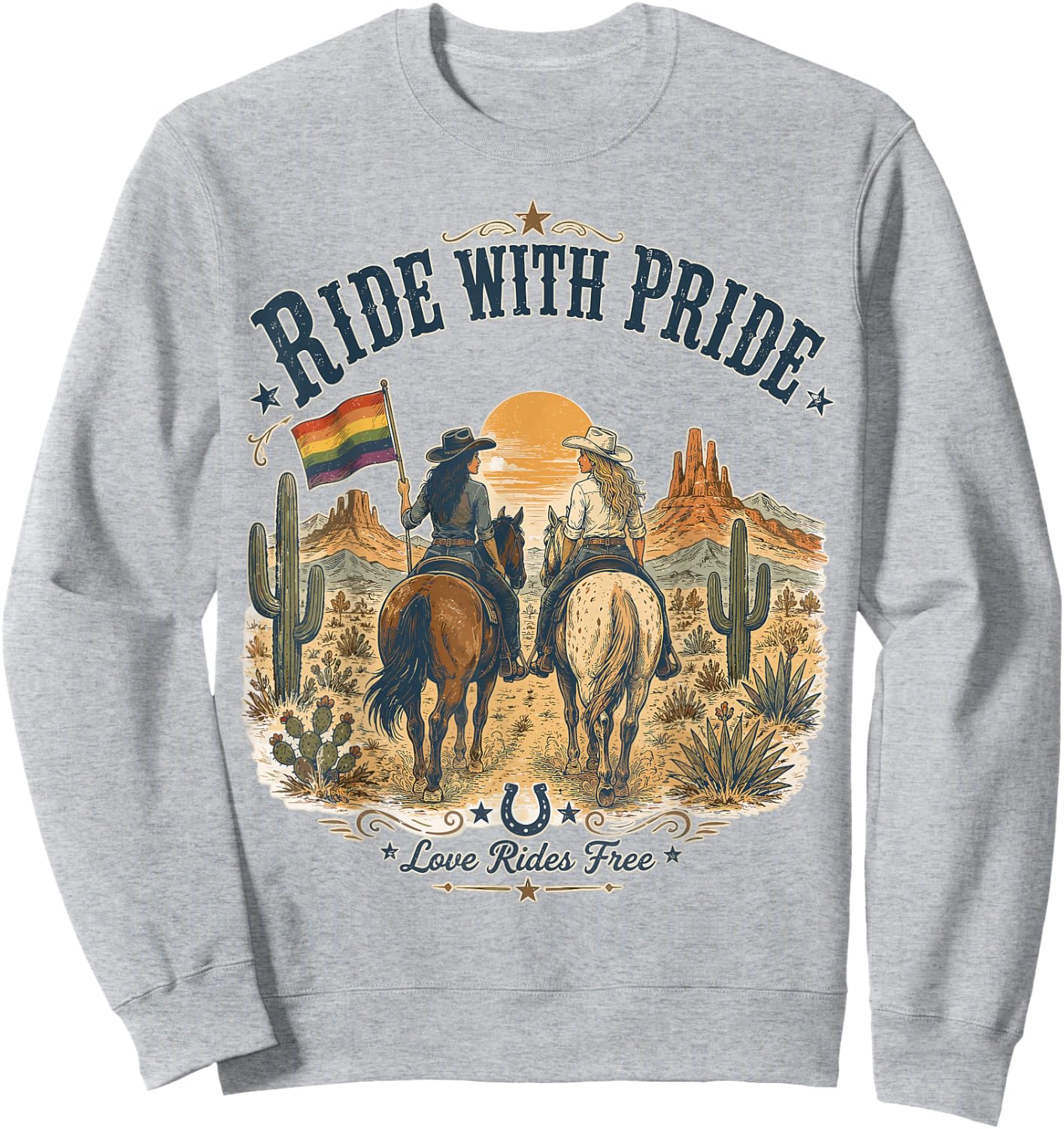 Funny Ride with Pride Lesbian Pride Western LGBTQ Cowgirl Sweatshirt - Sweatshirt | Ash