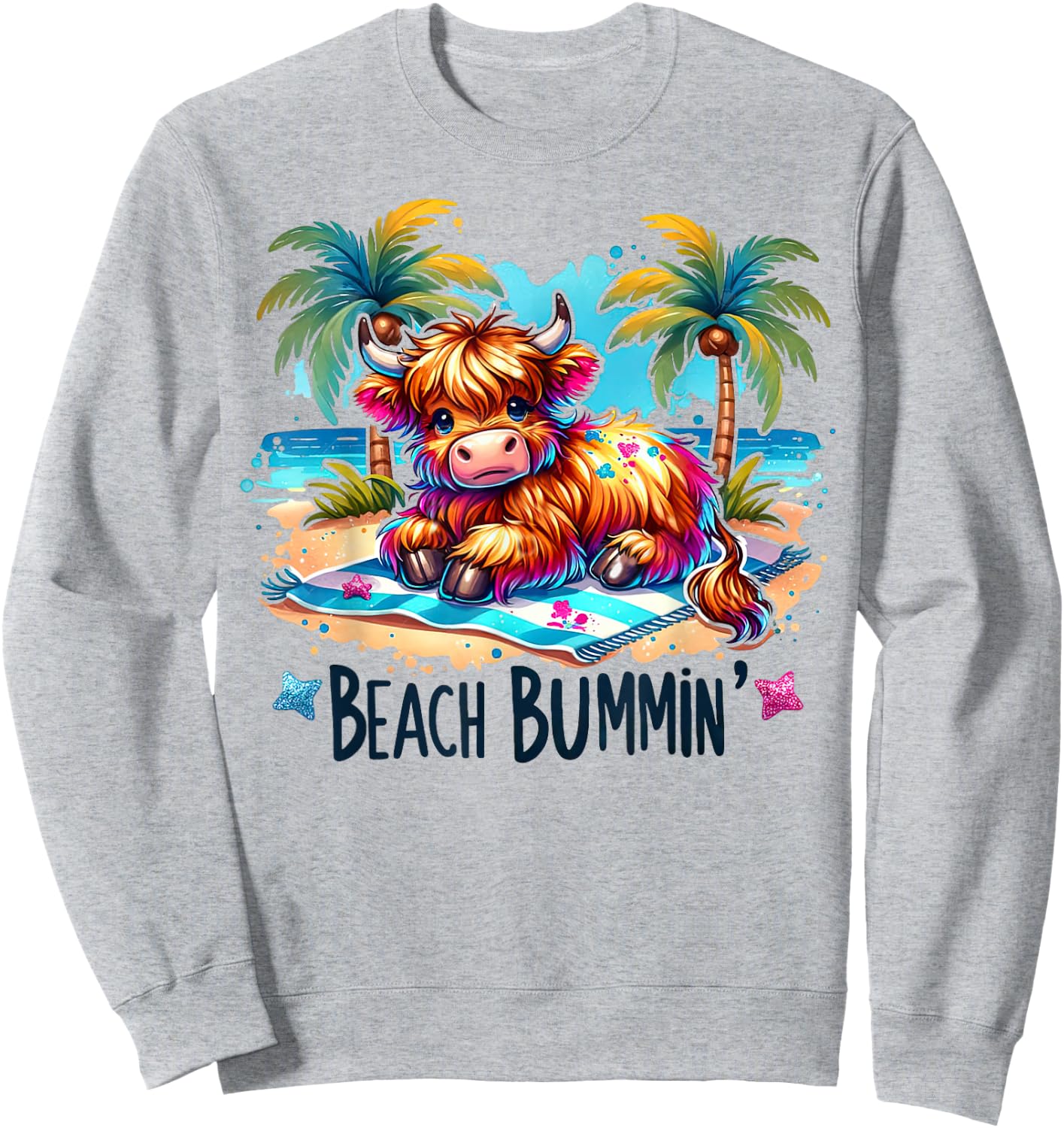 Funny Summer Heifer Cow Beach Bumming Highland Cow Sweatshirt - Sweatshirt | Ash