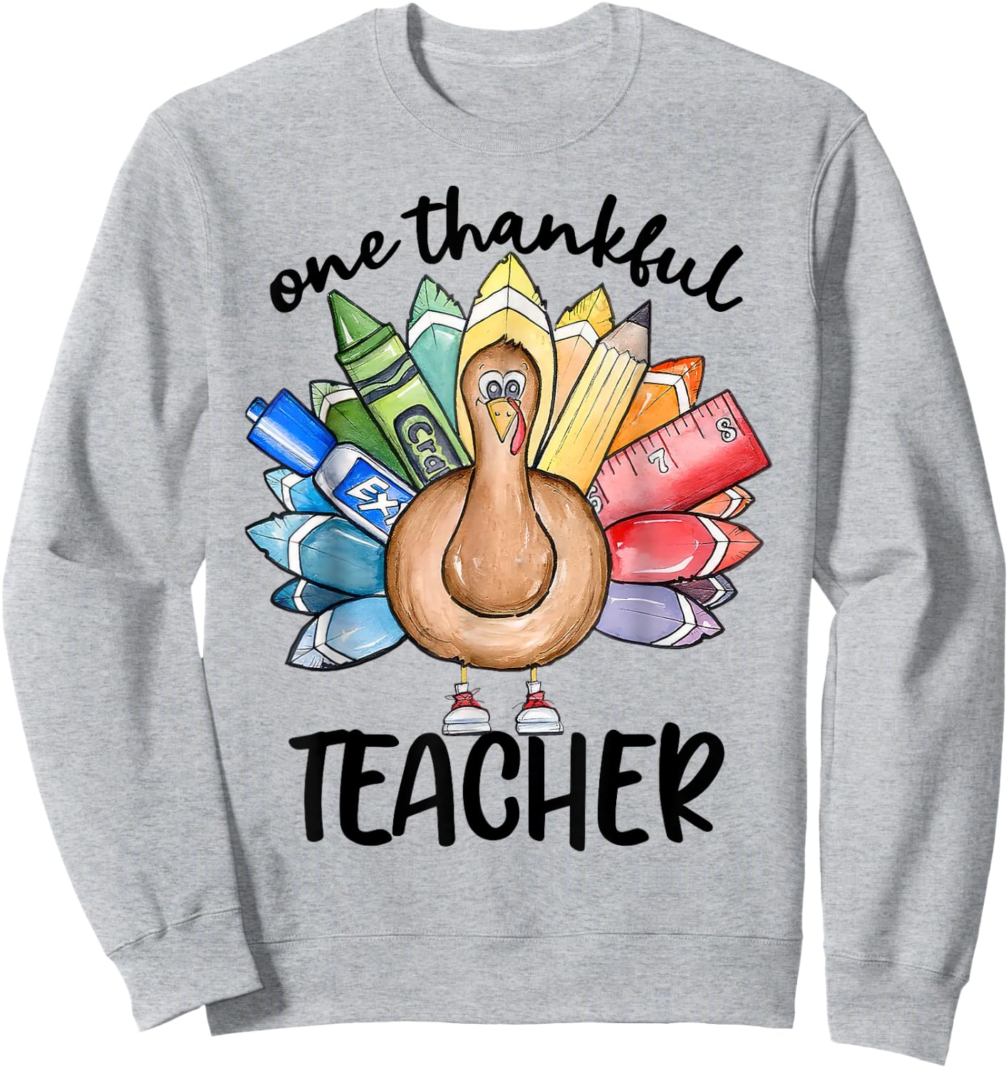One Thankful Teacher Turkey Pencil Thanksgiving Teachers Sweatshirt - Sweatshirt | Ash