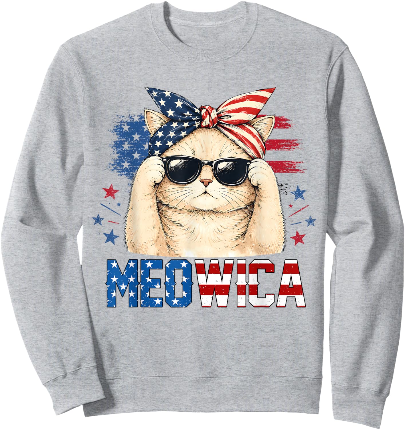 Meowica 4th of July Patriotic Cat American Flag Women Girls Sweatshirt - Sweatshirt | Ash